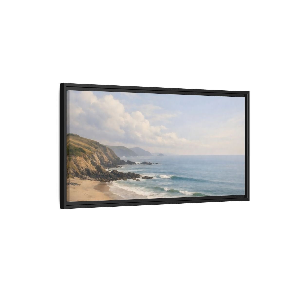 Landscape Nature Coastal Beach Blue And - Framed Canvas Wall Art Print - YesArtYes