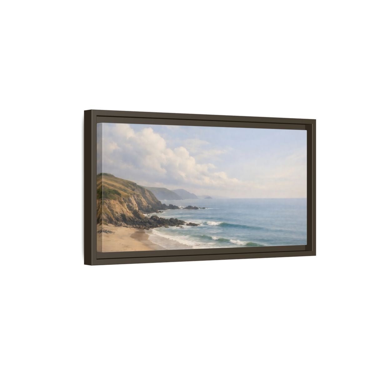Landscape Nature Coastal Beach Blue And - Framed Canvas Wall Art Print - YesArtYes