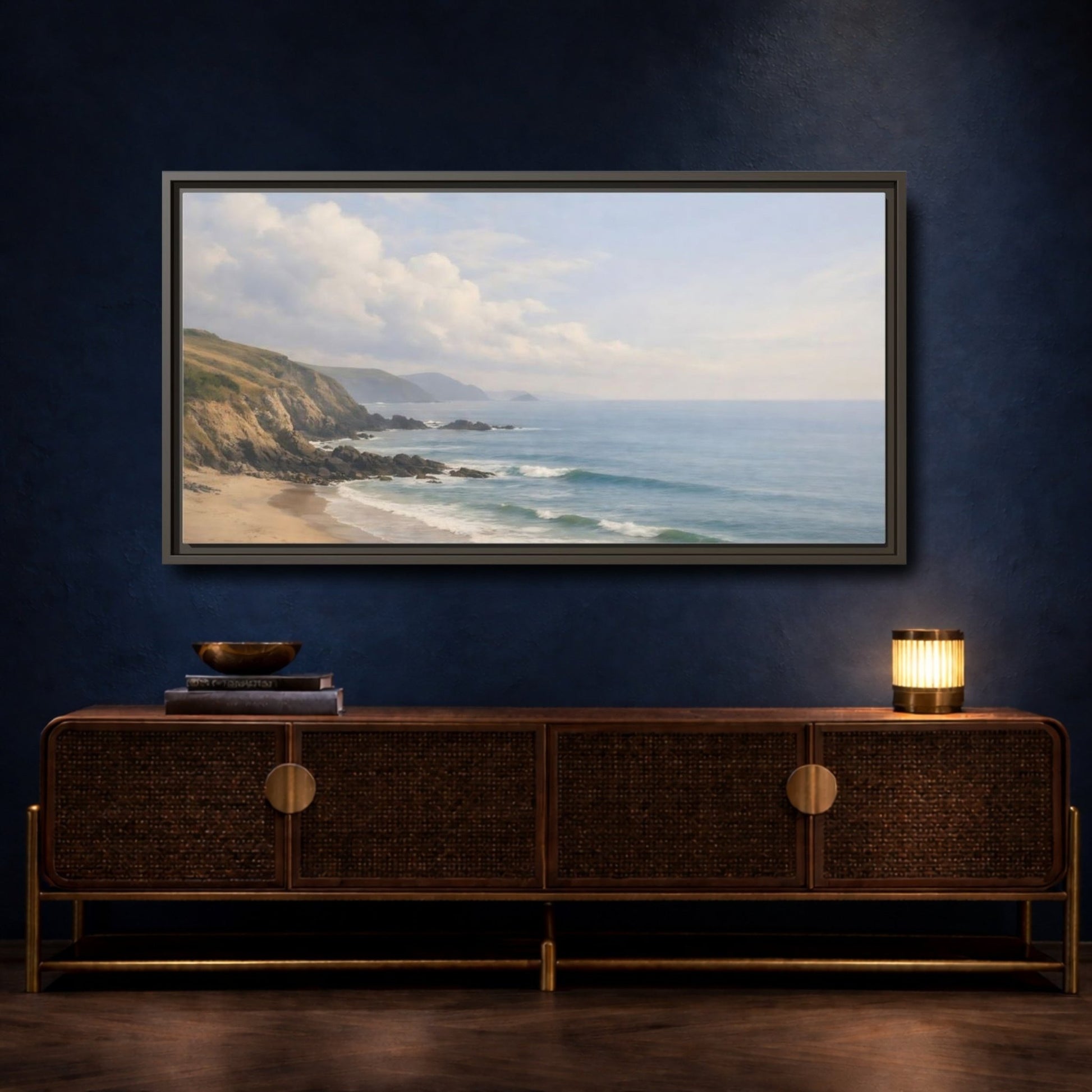 Landscape Nature Coastal Beach Blue And - Framed Canvas Wall Art Print - YesArtYes