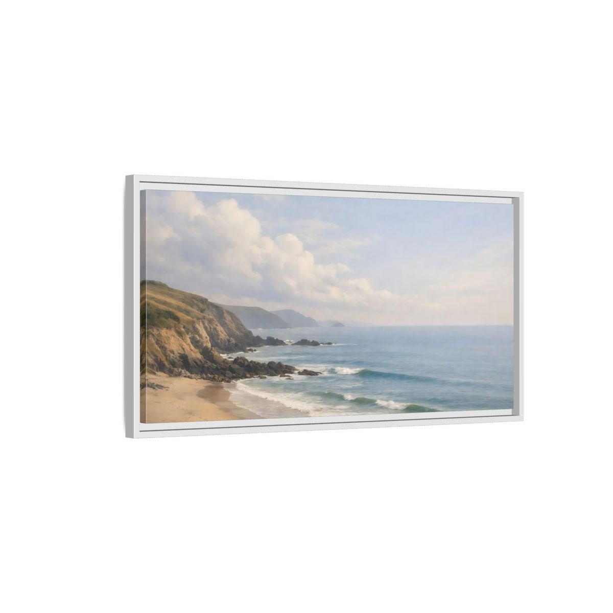 Landscape Nature Coastal Beach Blue And - Framed Canvas Wall Art Print - YesArtYes