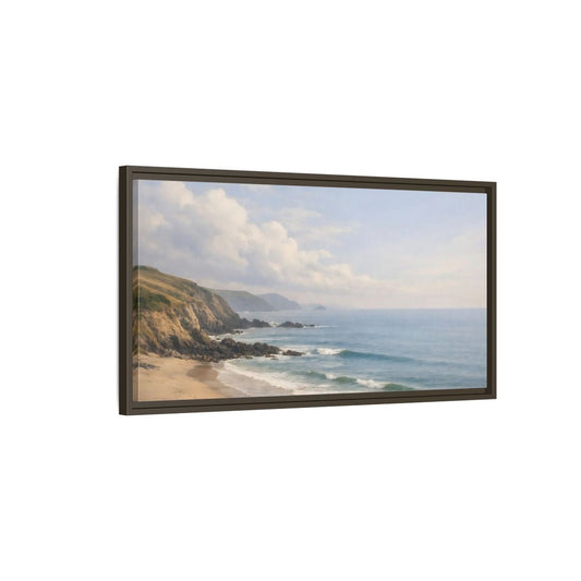 Landscape Nature Coastal Beach Blue And - Framed Canvas Wall Art Print - YesArtYes