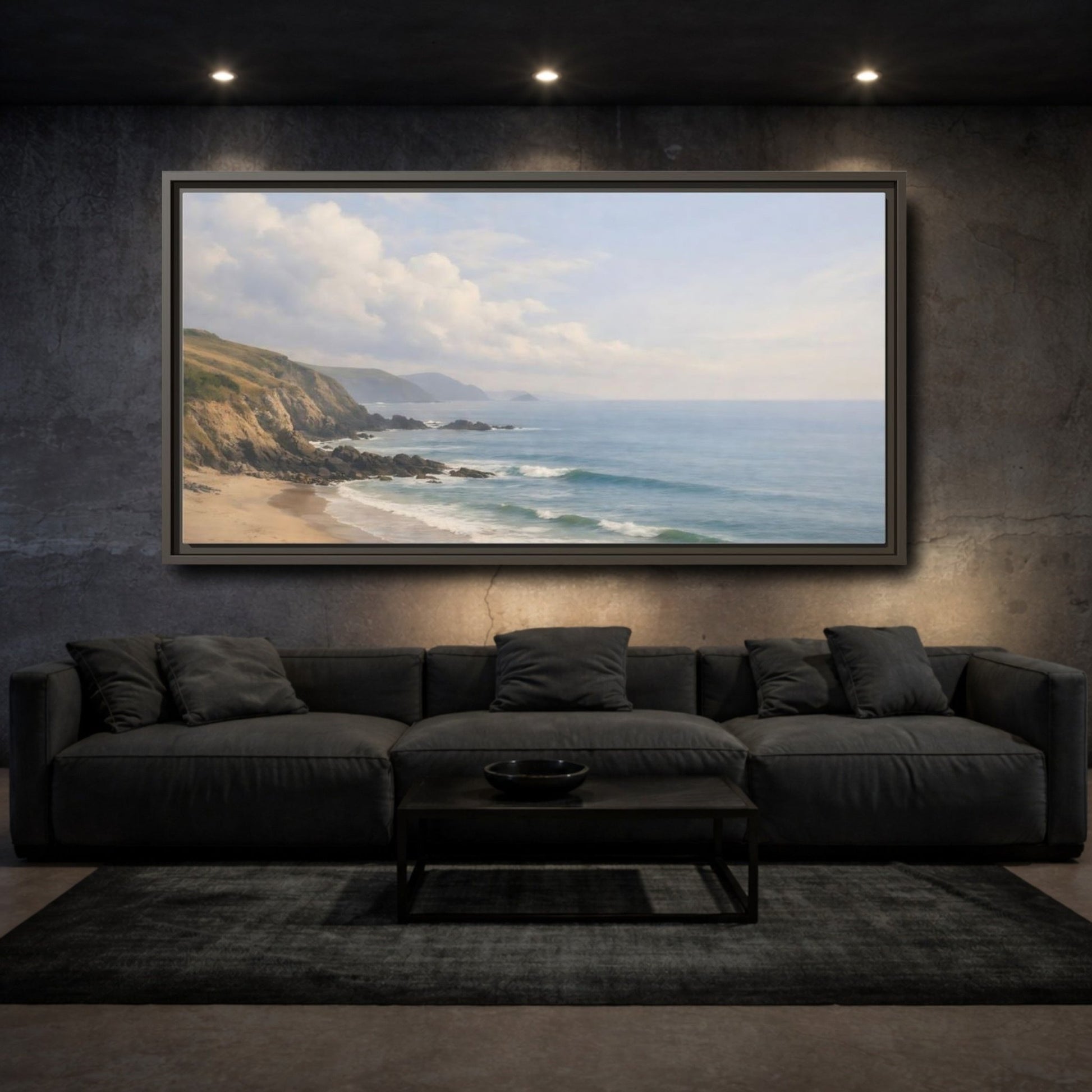 Landscape Nature Coastal Beach Blue And - Framed Canvas Wall Art Print - YesArtYes