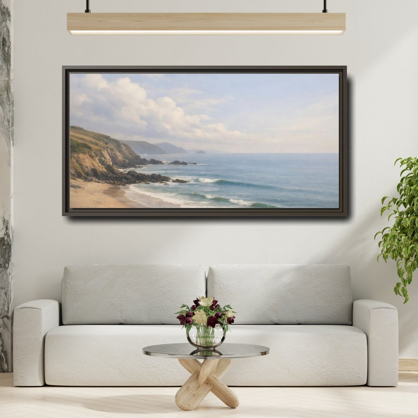 Landscape Nature Coastal Beach Blue And - Framed Canvas Wall Art Print - YesArtYes