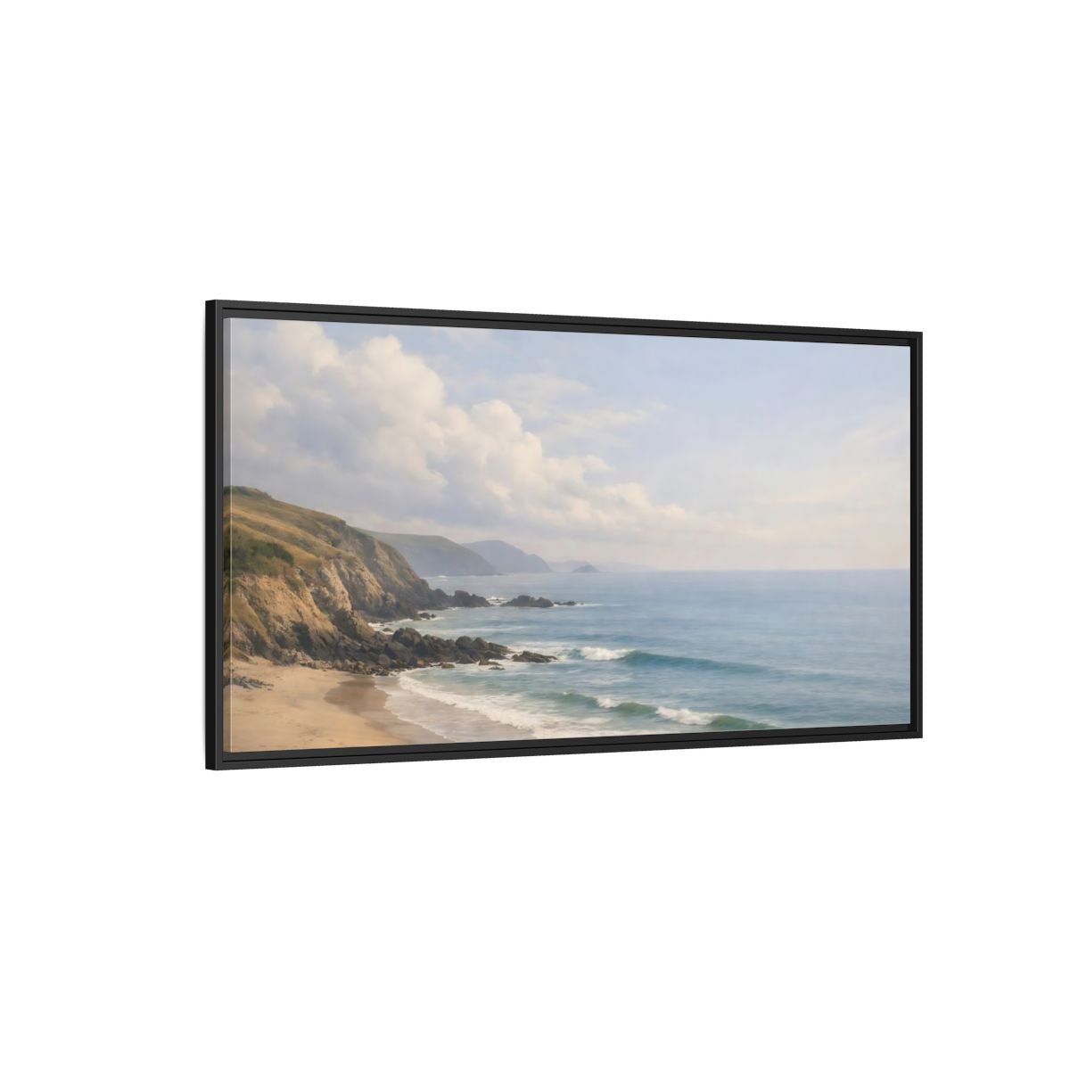 Landscape Nature Coastal Beach Blue And - Framed Canvas Wall Art Print - YesArtYes