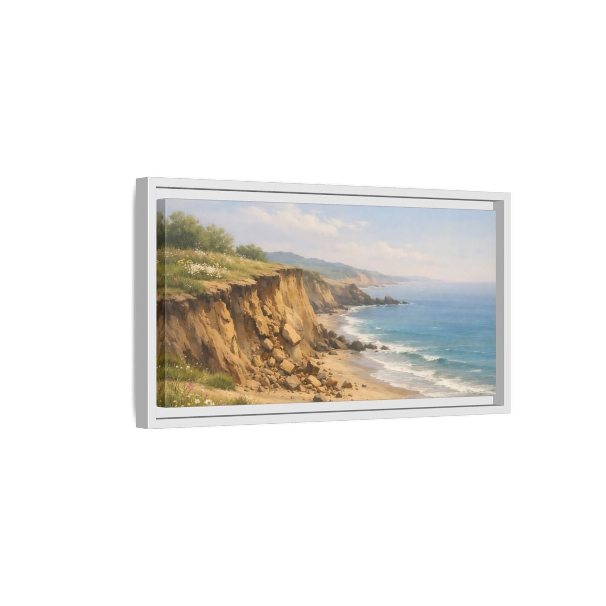 Landscape Nature Coastal Cliffs Blue And - Framed Canvas Wall Art Print - YesArtYes