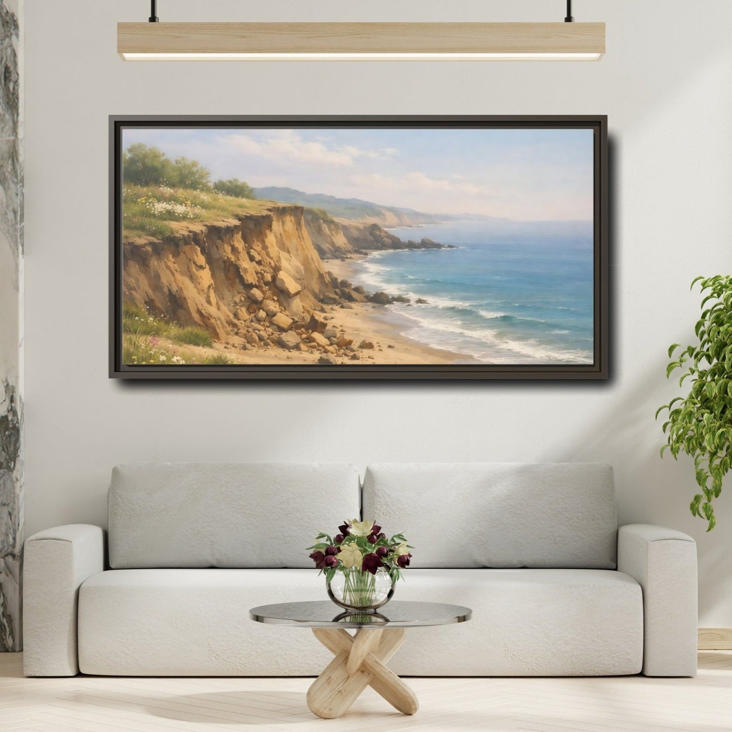 Landscape Nature Coastal Cliffs Blue And - Framed Canvas Wall Art Print - YesArtYes