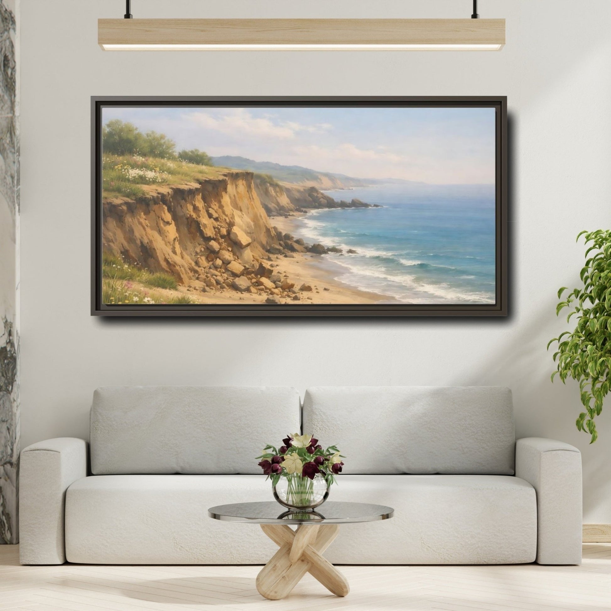 Landscape Nature Coastal Cliffs Blue And - Framed Canvas Wall Art Print - YesArtYes