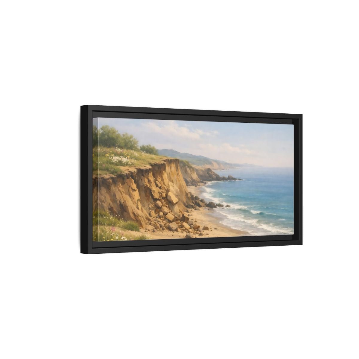 Landscape Nature Coastal Cliffs Blue And - Framed Canvas Wall Art Print - YesArtYes
