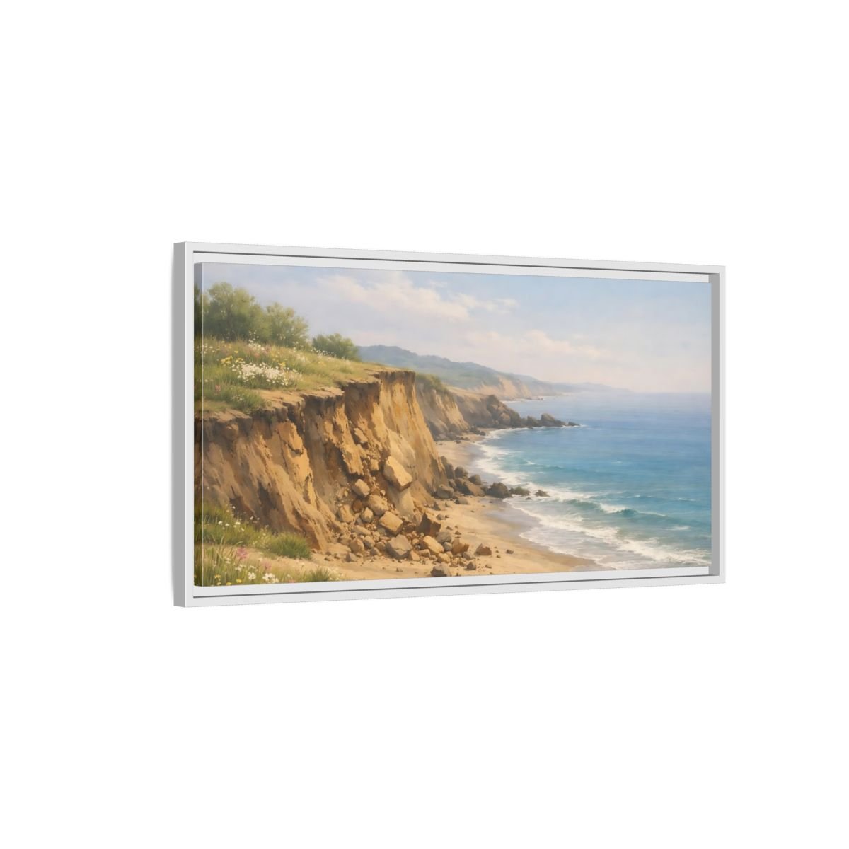 Landscape Nature Coastal Cliffs Blue And - Framed Canvas Wall Art Print - YesArtYes