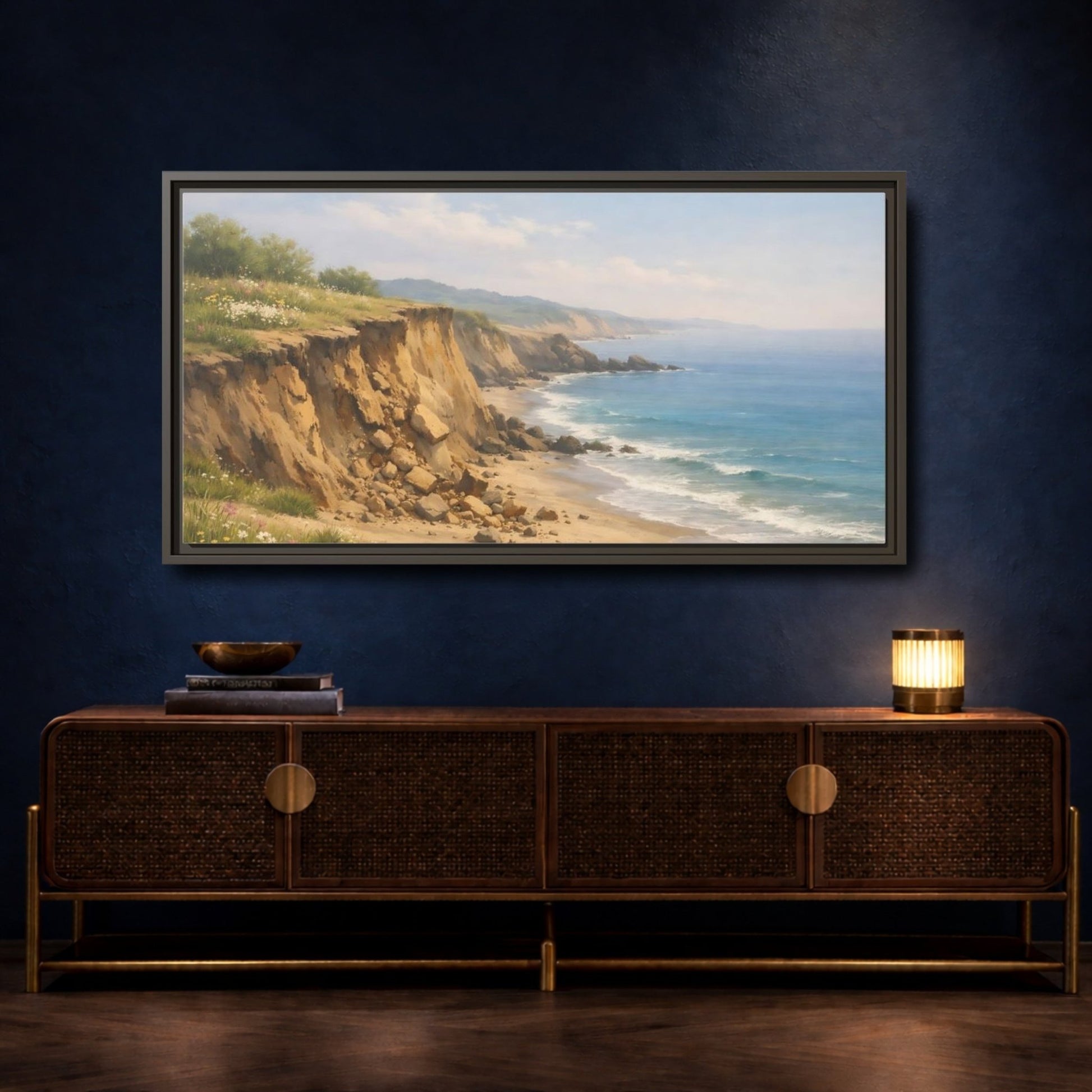 Landscape Nature Coastal Cliffs Blue And - Framed Canvas Wall Art Print - YesArtYes