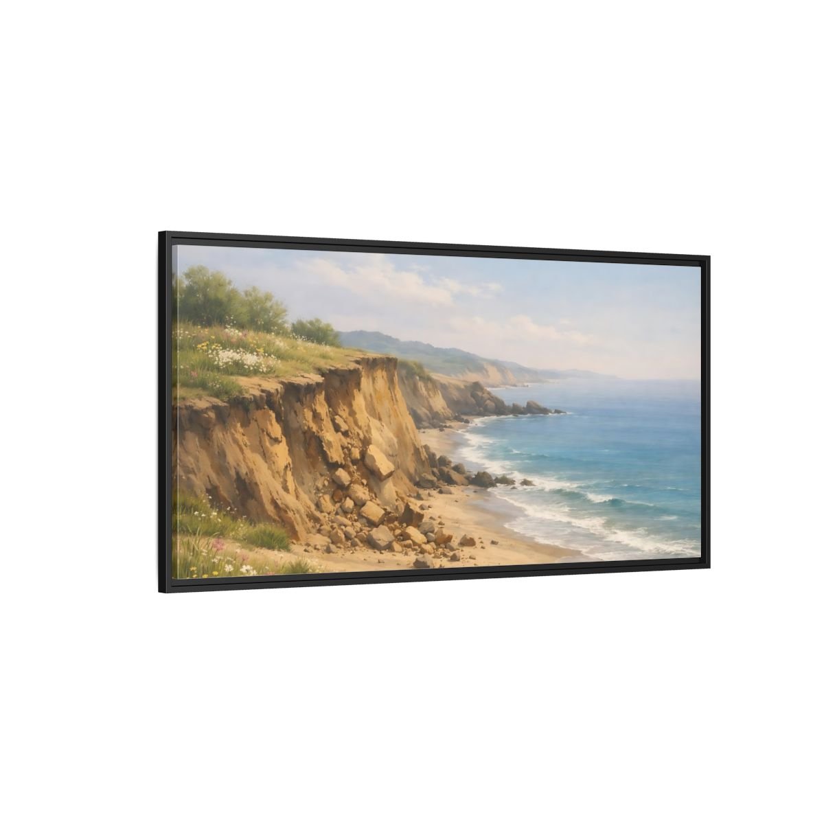 Landscape Nature Coastal Cliffs Blue And - Framed Canvas Wall Art Print - YesArtYes