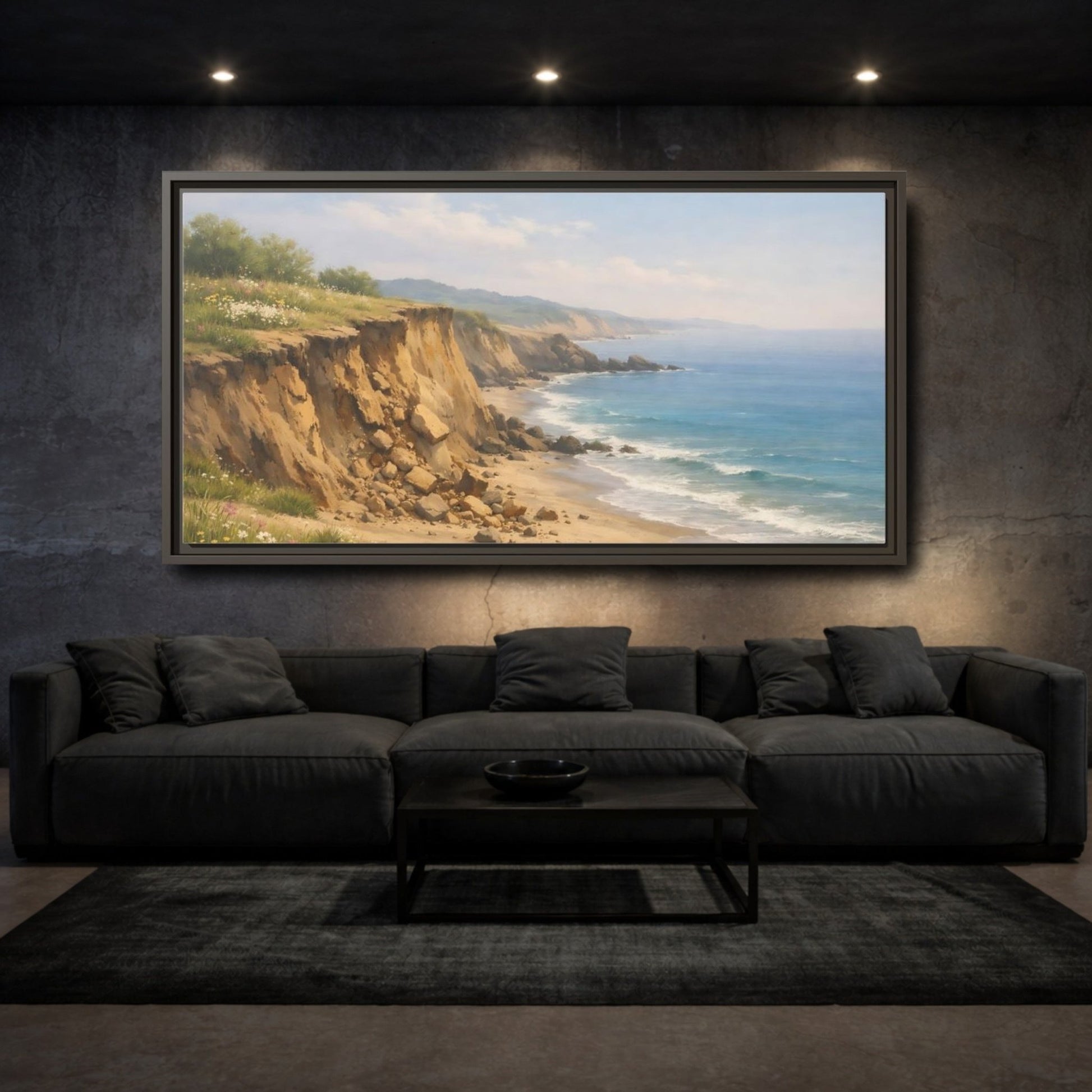 Landscape Nature Coastal Cliffs Blue And - Framed Canvas Wall Art Print - YesArtYes