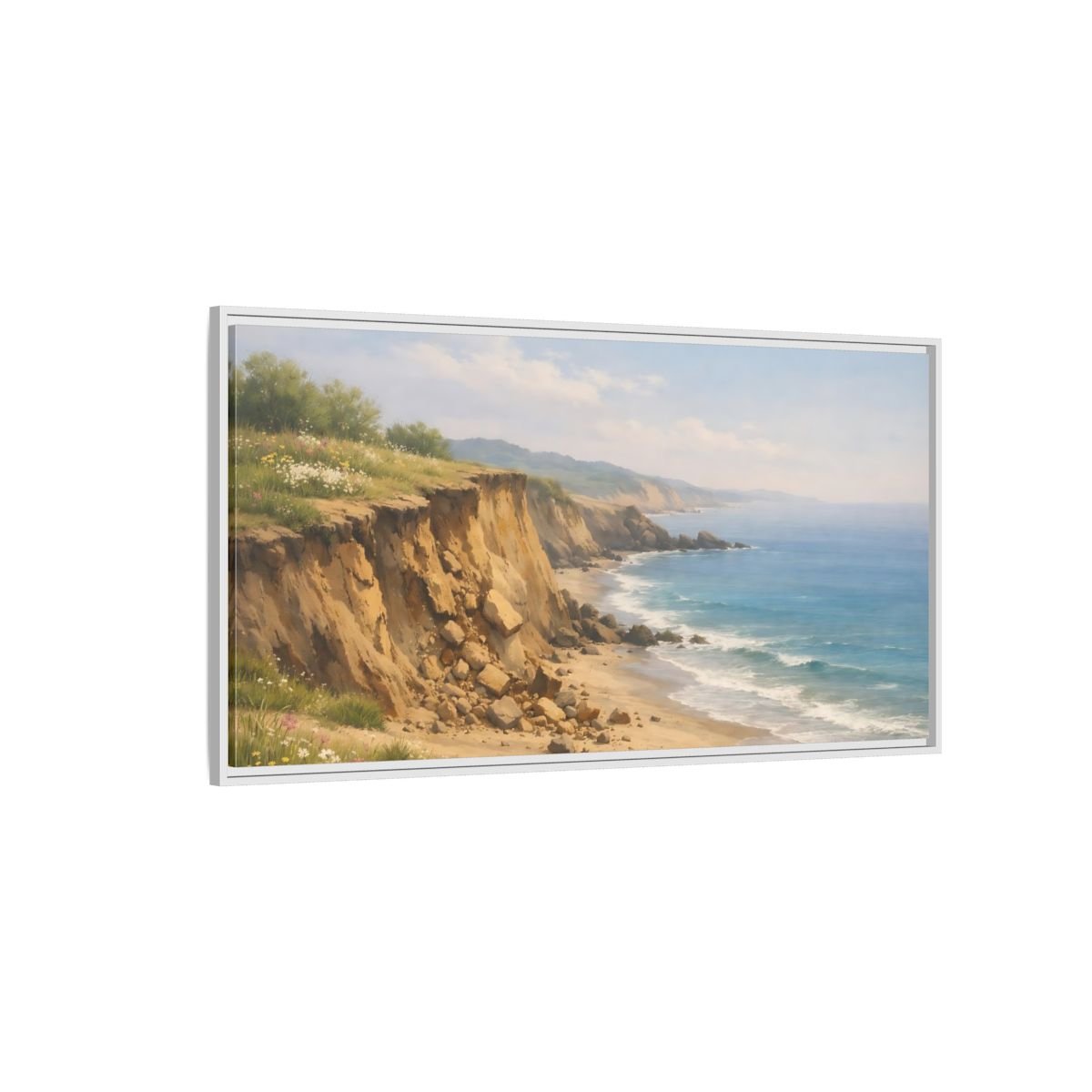 Landscape Nature Coastal Cliffs Blue And - Framed Canvas Wall Art Print - YesArtYes