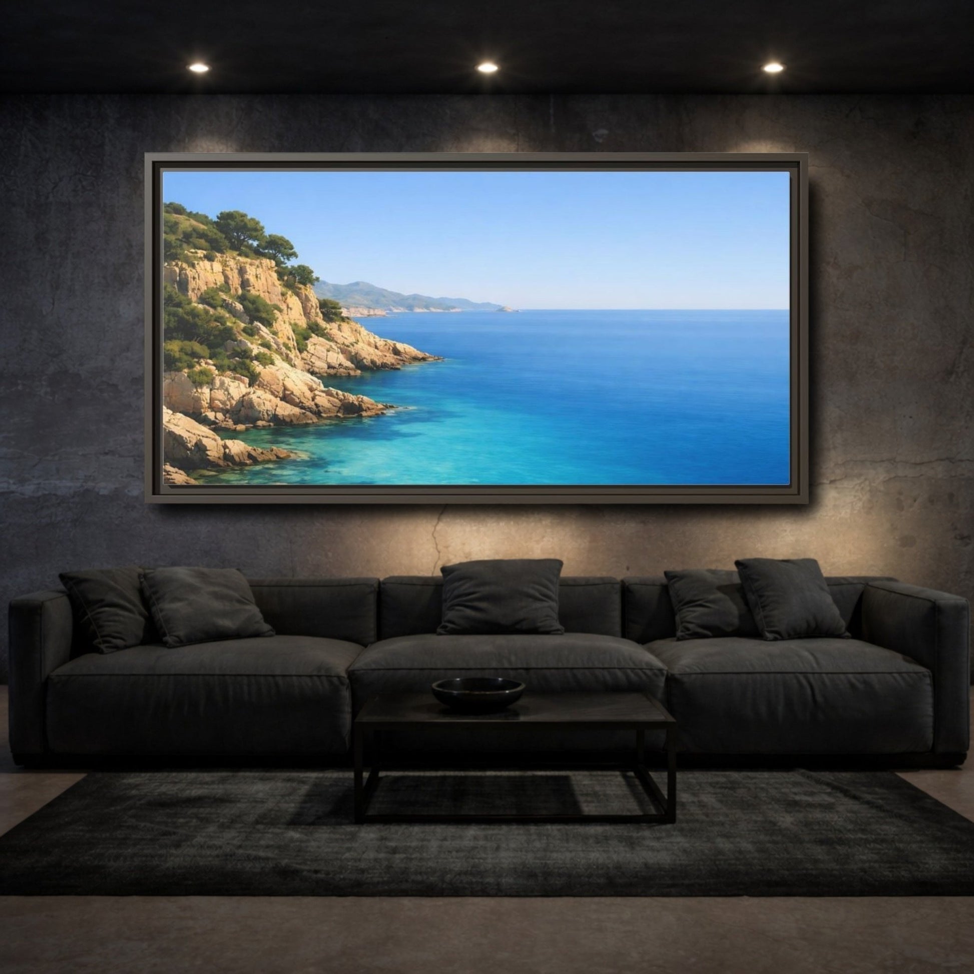 Landscape Nature Coastal Cliffs Blue Seascape - Framed Canvas Wall Art Print - YesArtYes