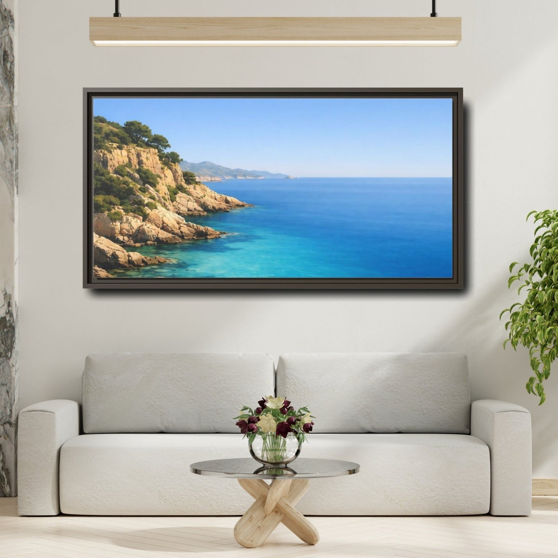 Landscape Nature Coastal Cliffs Blue Seascape - Framed Canvas Wall Art Print - YesArtYes