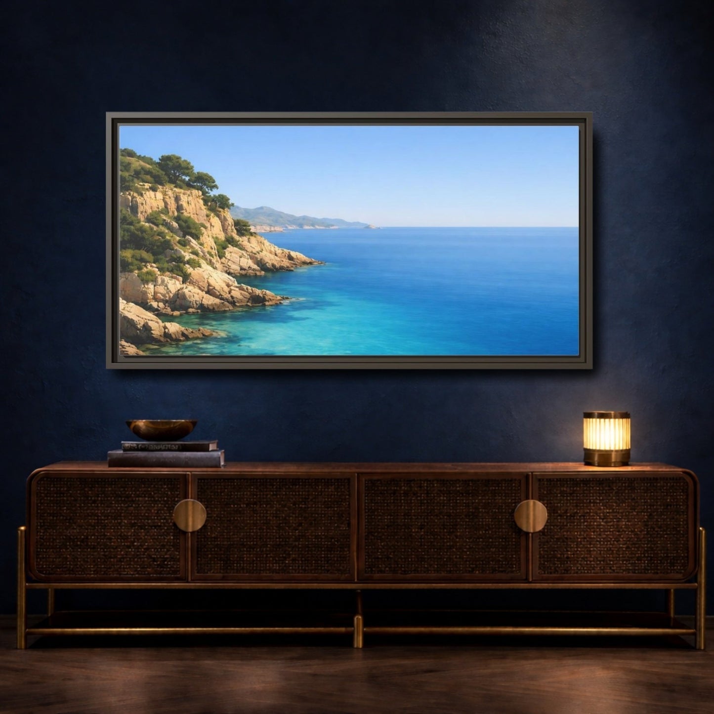 Landscape Nature Coastal Cliffs Blue Seascape - Framed Canvas Wall Art Print - YesArtYes