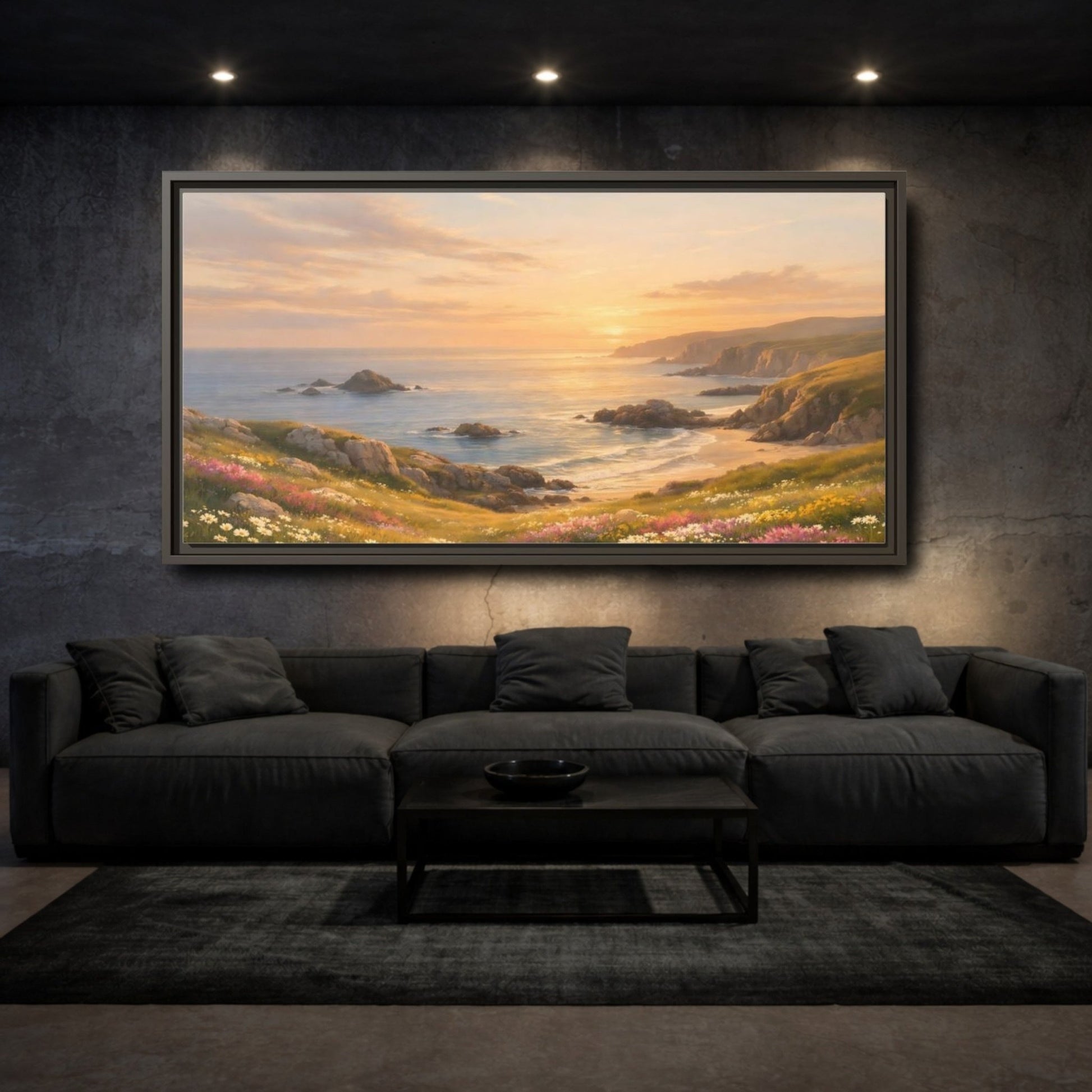 Landscape Nature Coastal Golden Sunset Coast - Framed Canvas Wall Art Print - YesArtYes