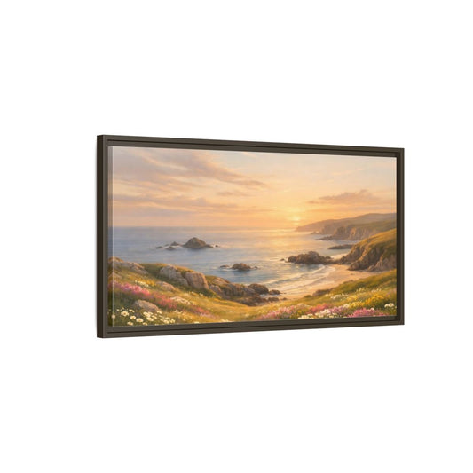 Landscape Nature Coastal Golden Sunset Coast - Framed Canvas Wall Art Print - YesArtYes