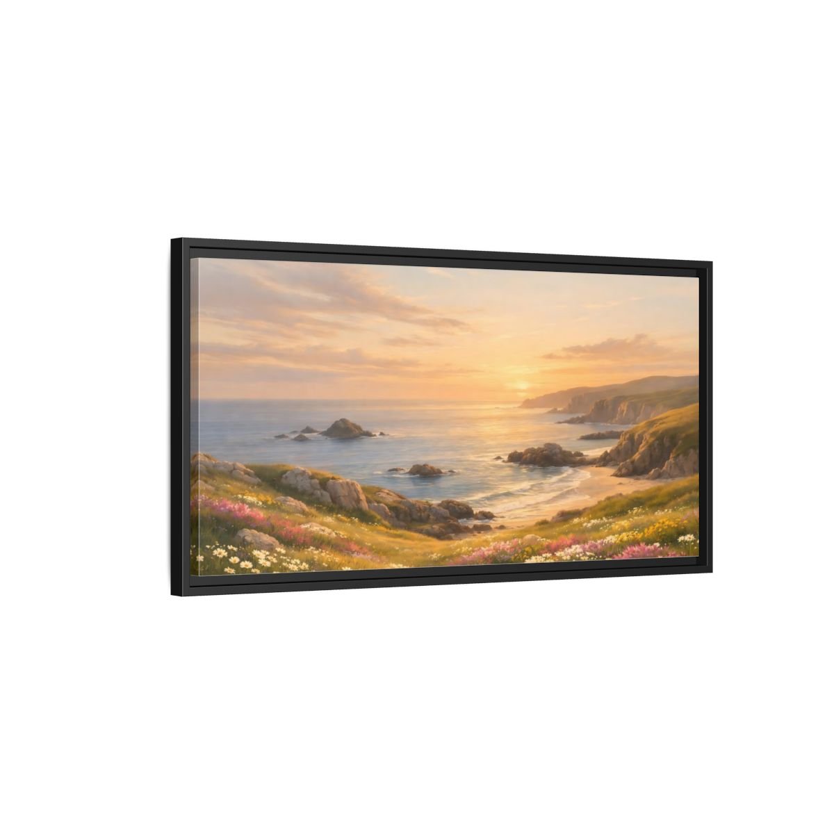 Landscape Nature Coastal Golden Sunset Coast - Framed Canvas Wall Art Print - YesArtYes
