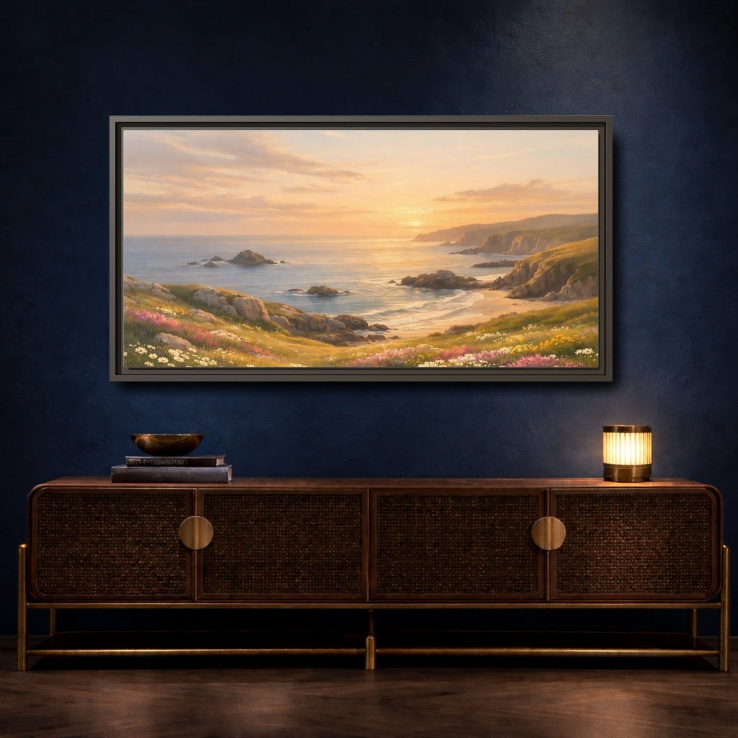 Landscape Nature Coastal Golden Sunset Coast - Framed Canvas Wall Art Print - YesArtYes