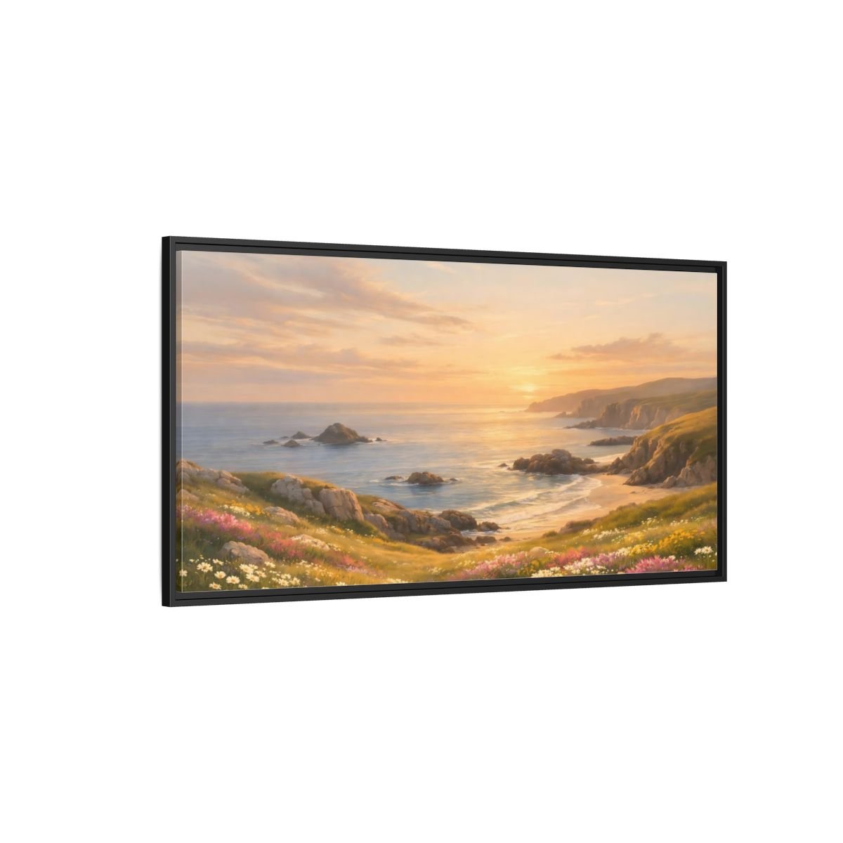 Landscape Nature Coastal Golden Sunset Coast - Framed Canvas Wall Art Print - YesArtYes
