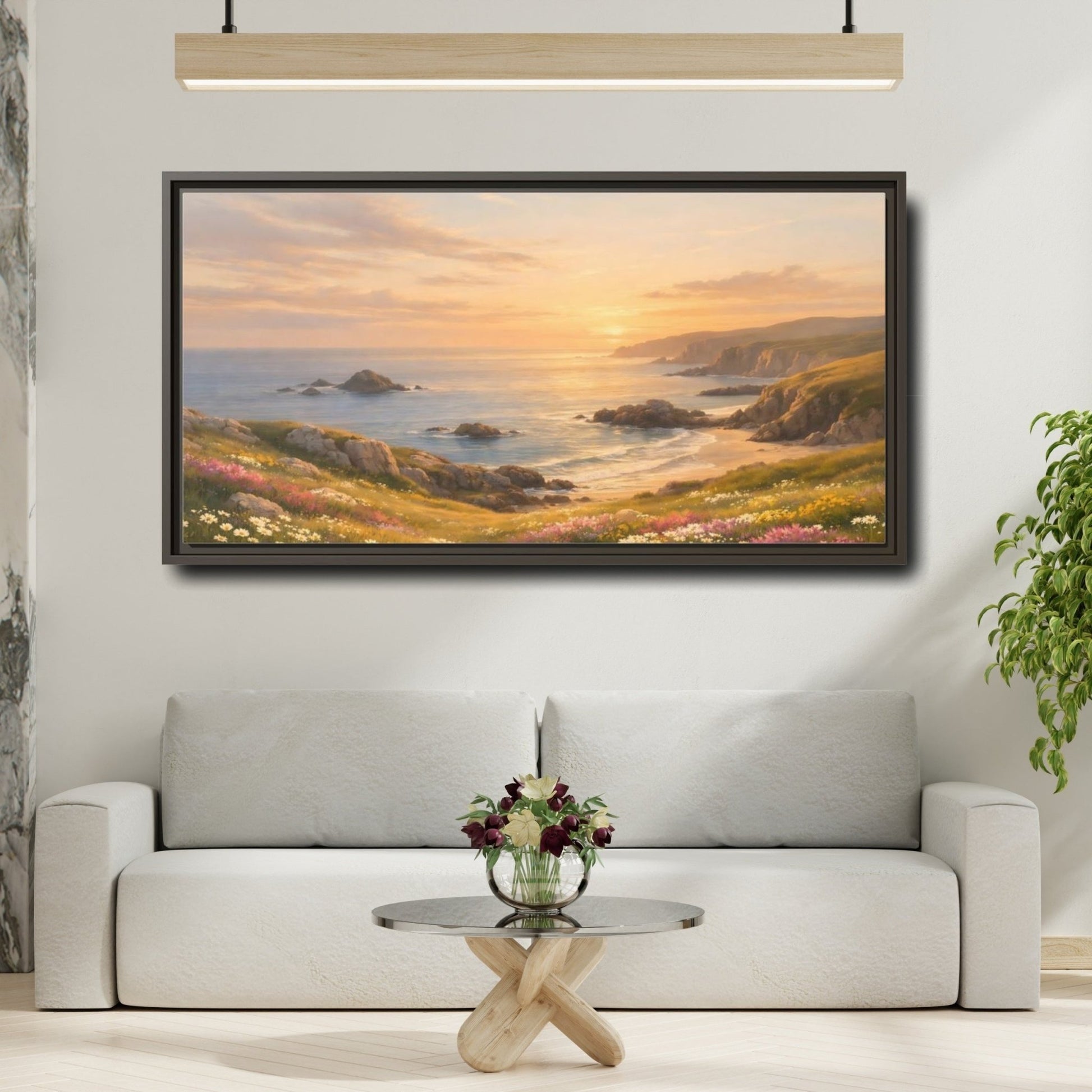 Landscape Nature Coastal Golden Sunset Coast - Framed Canvas Wall Art Print - YesArtYes