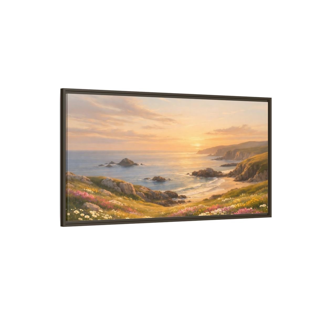 Landscape Nature Coastal Golden Sunset Coast - Framed Canvas Wall Art Print - YesArtYes