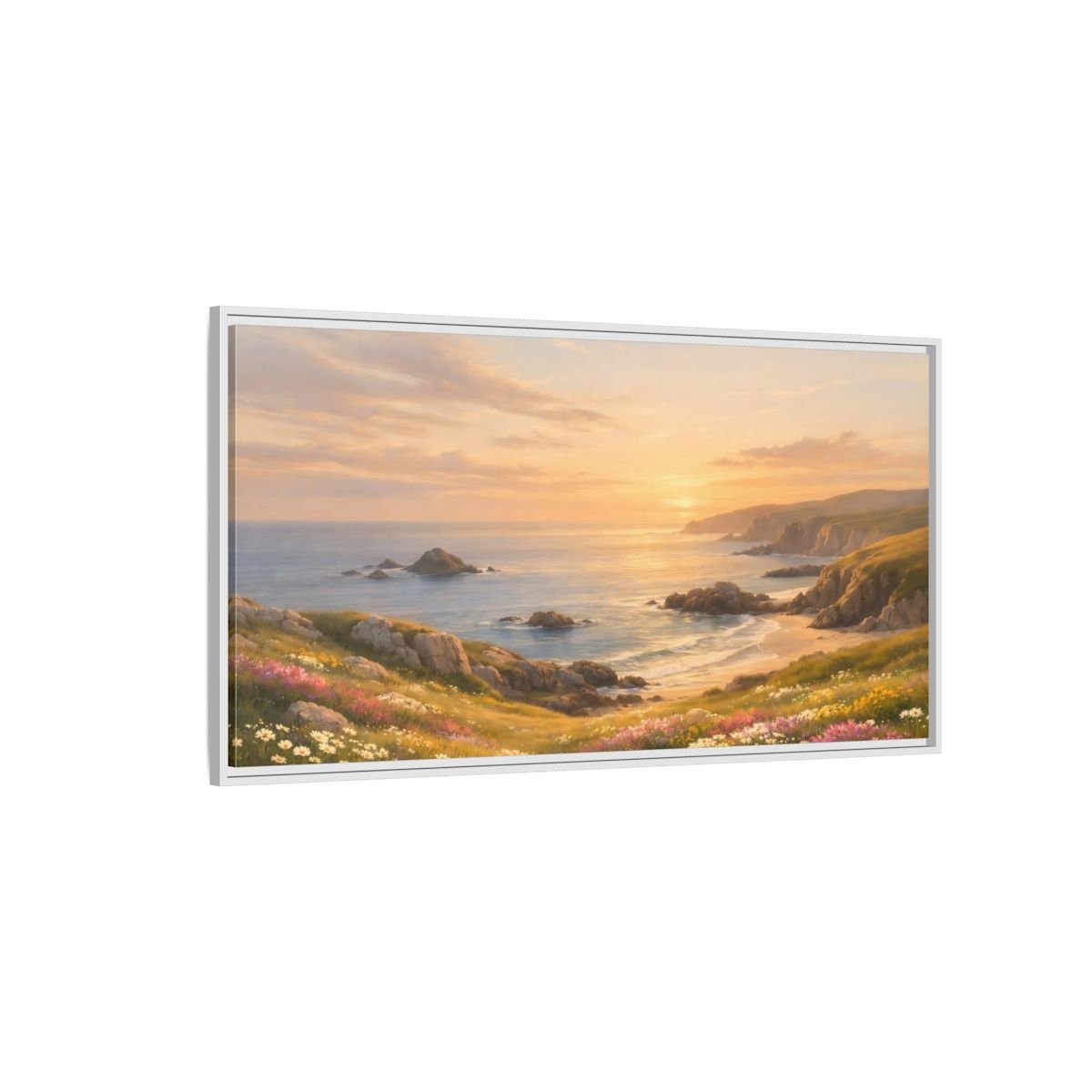 Landscape Nature Coastal Golden Sunset Coast - Framed Canvas Wall Art Print - YesArtYes