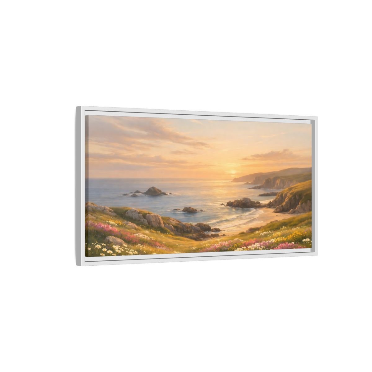 Landscape Nature Coastal Golden Sunset Coast - Framed Canvas Wall Art Print - YesArtYes