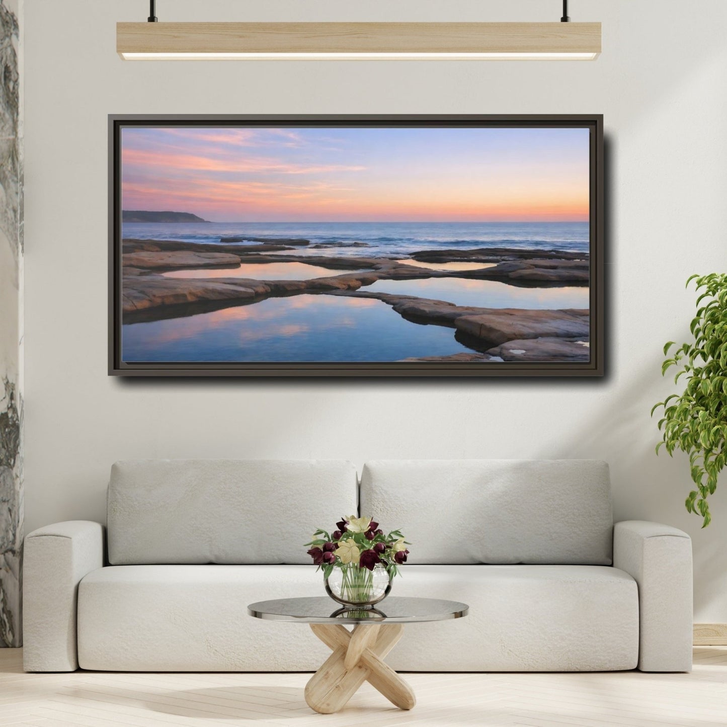 Landscape Nature Coastal Ocean Sunset - Framed Canvas Wall Art Print - YesArtYes