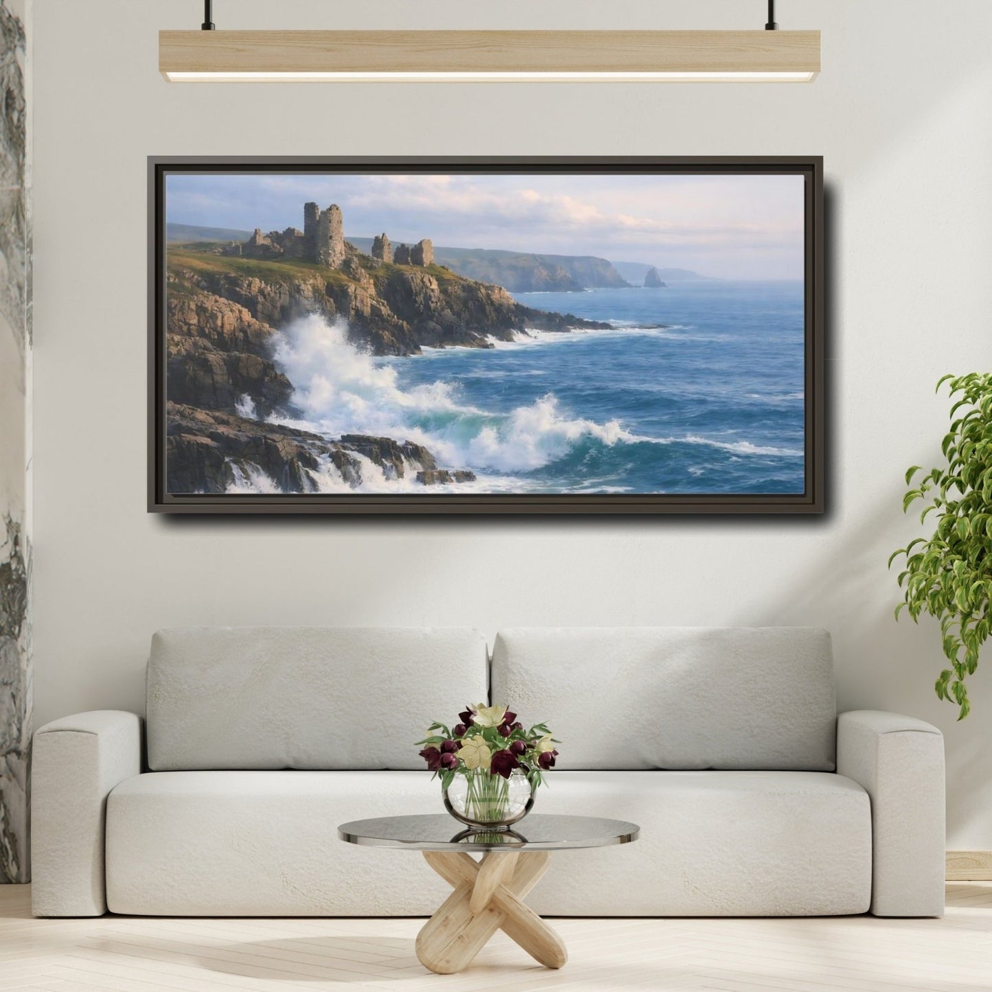 Landscape Nature Coastal Ruins Blue And - Framed Canvas Wall Art Print - YesArtYes