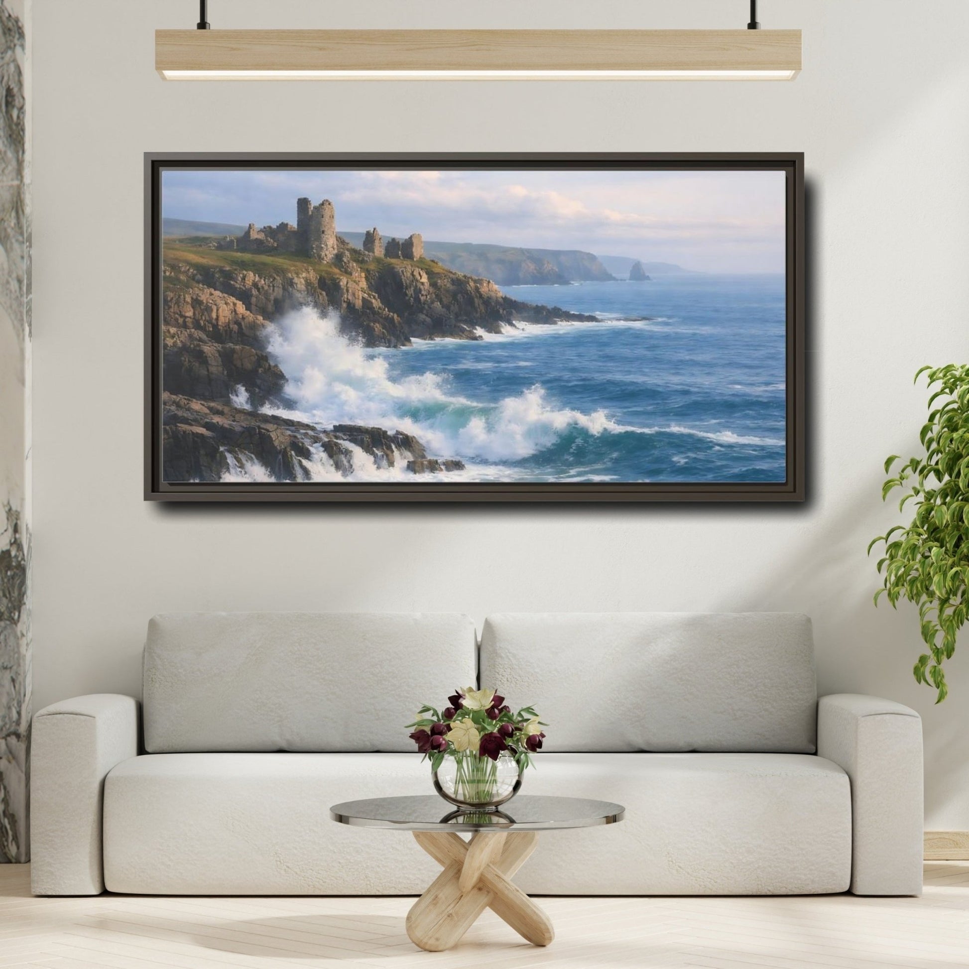 Landscape Nature Coastal Ruins Blue And - Framed Canvas Wall Art Print - YesArtYes