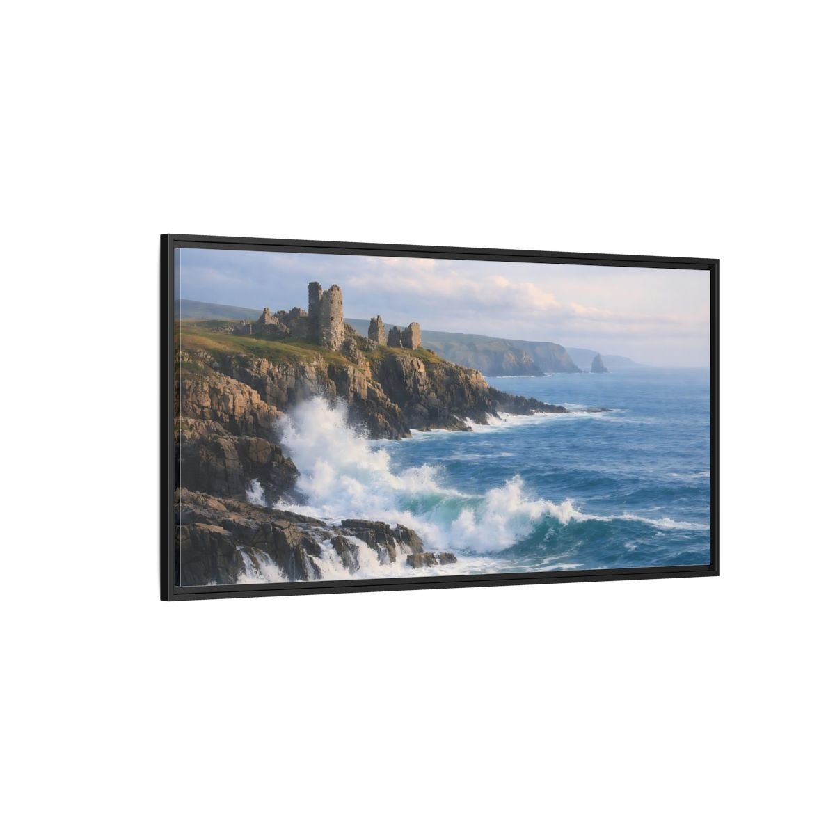 Landscape Nature Coastal Ruins Blue And - Framed Canvas Wall Art Print - YesArtYes
