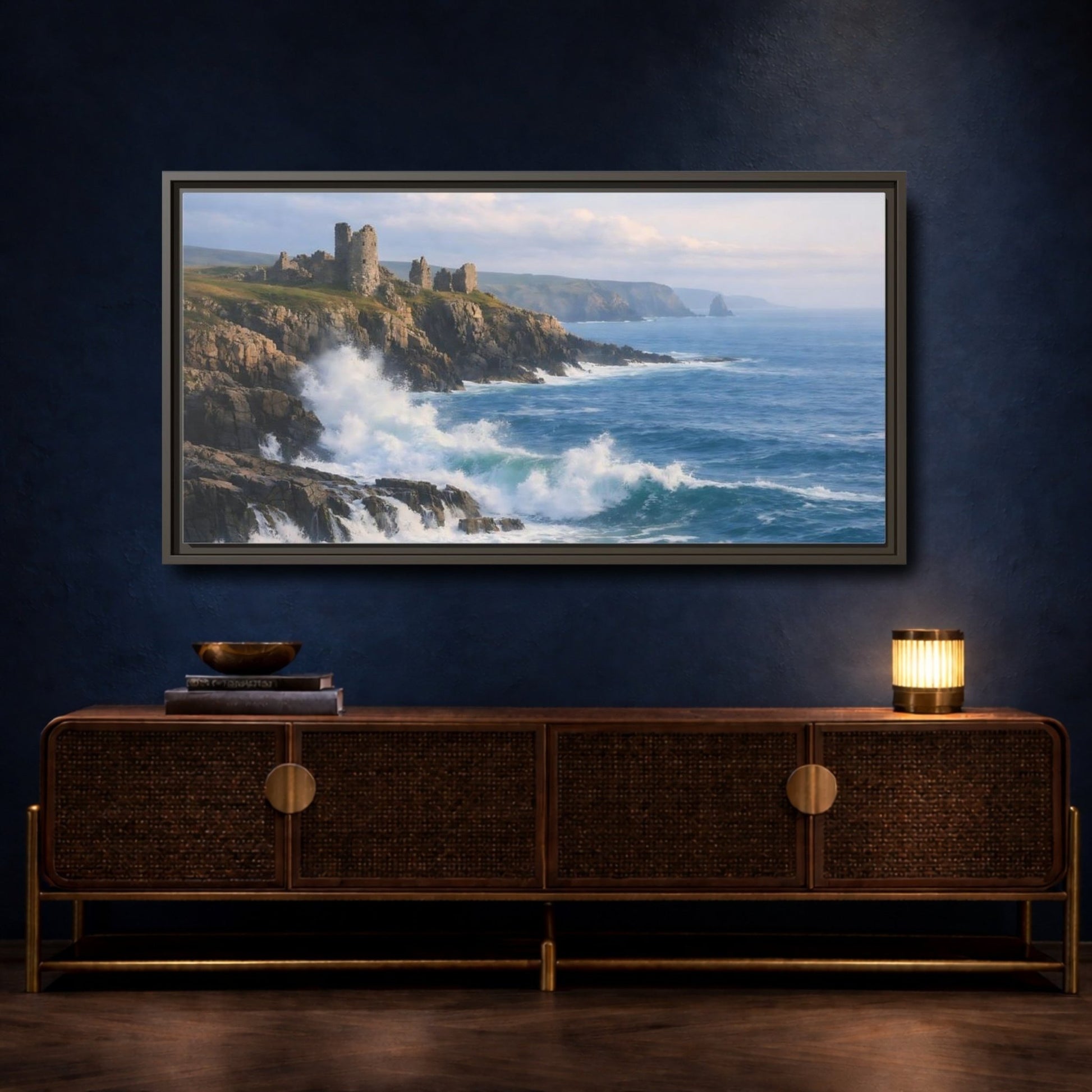 Landscape Nature Coastal Ruins Blue And - Framed Canvas Wall Art Print - YesArtYes