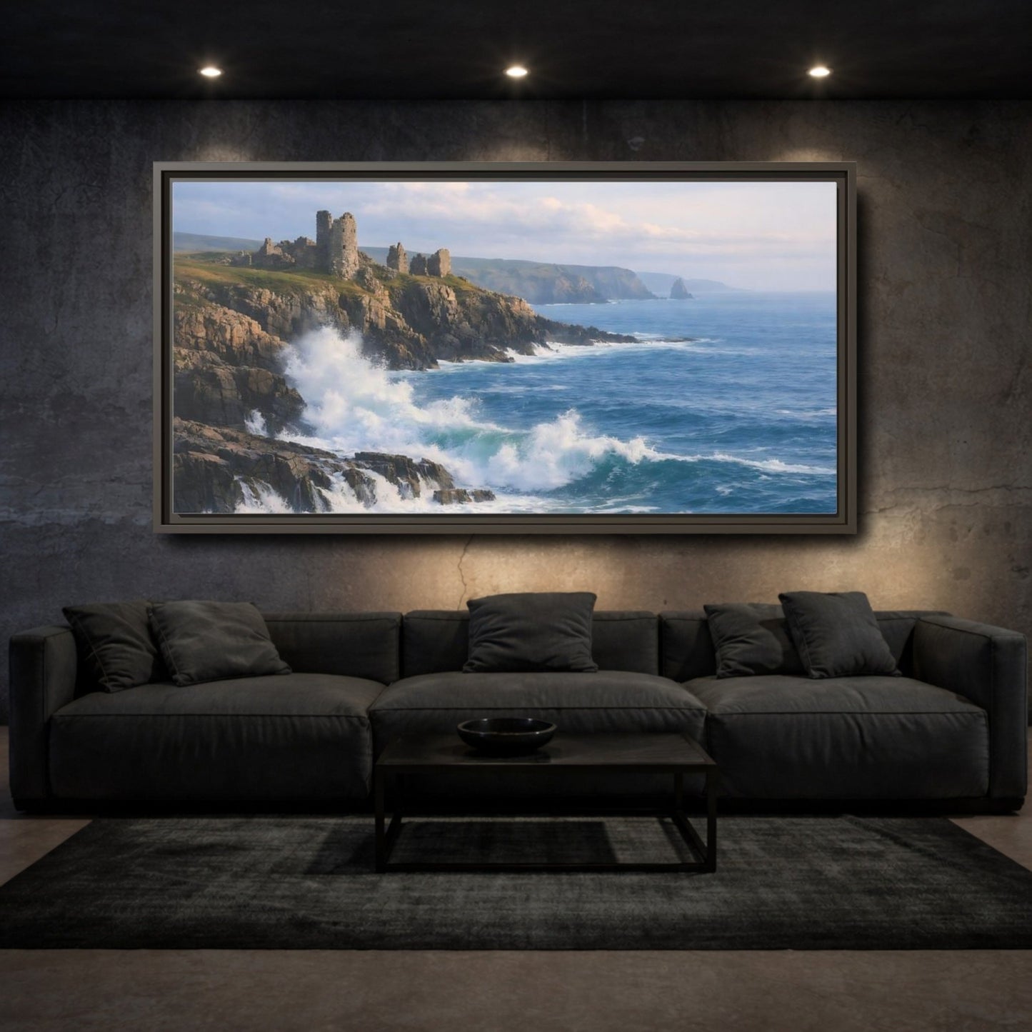 Landscape Nature Coastal Ruins Blue And - Framed Canvas Wall Art Print - YesArtYes