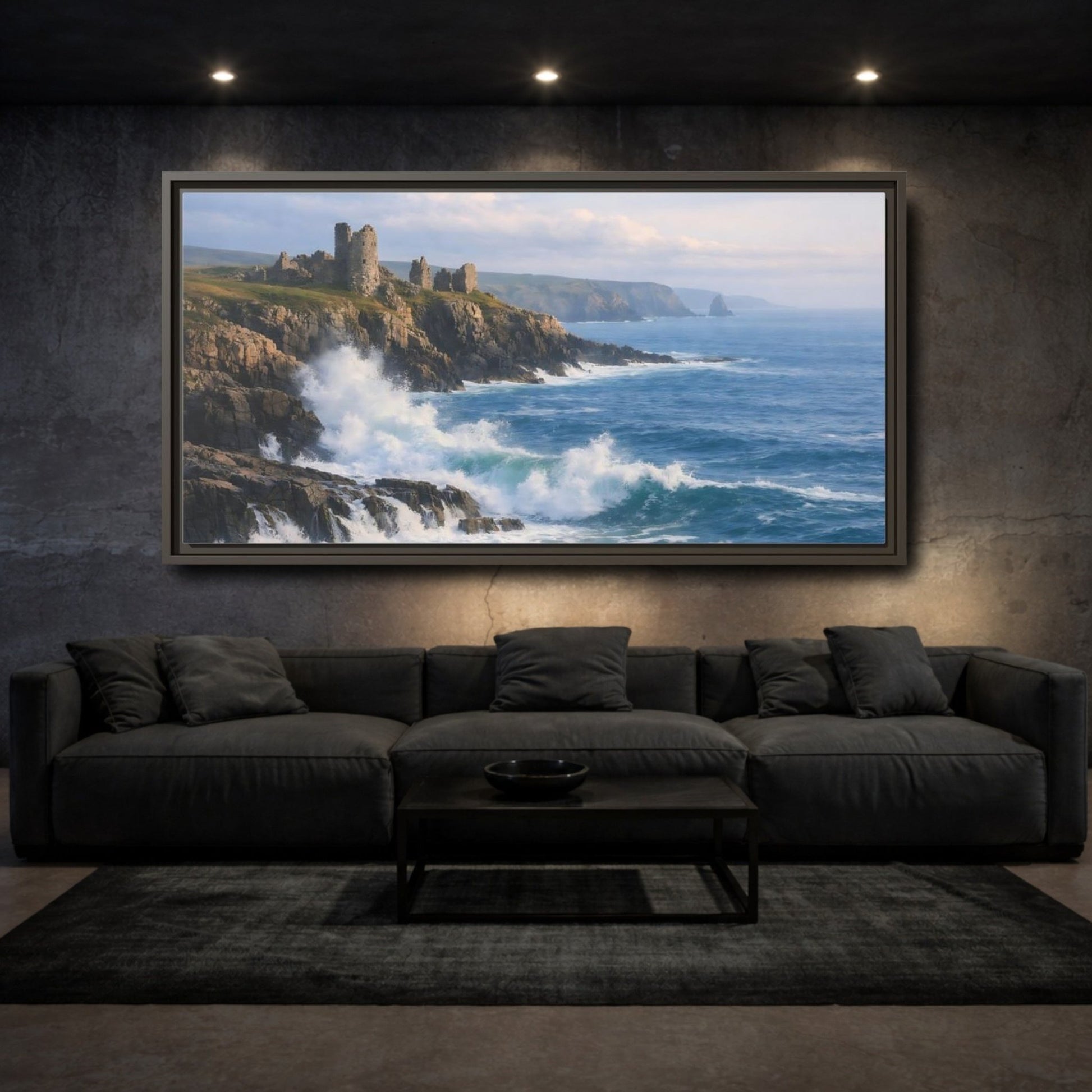 Landscape Nature Coastal Ruins Blue And - Framed Canvas Wall Art Print - YesArtYes