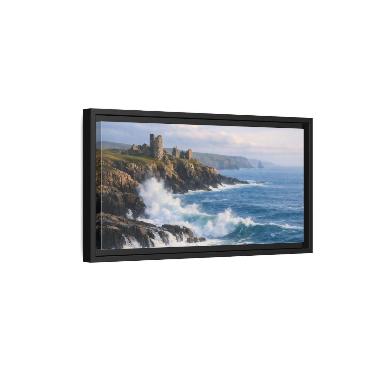 Landscape Nature Coastal Ruins Blue And - Framed Canvas Wall Art Print - YesArtYes