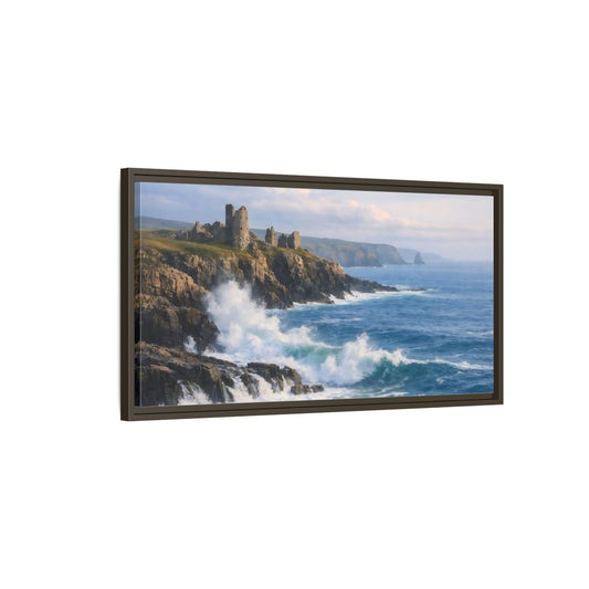 Landscape Nature Coastal Ruins Blue And - Framed Canvas Wall Art Print - YesArtYes