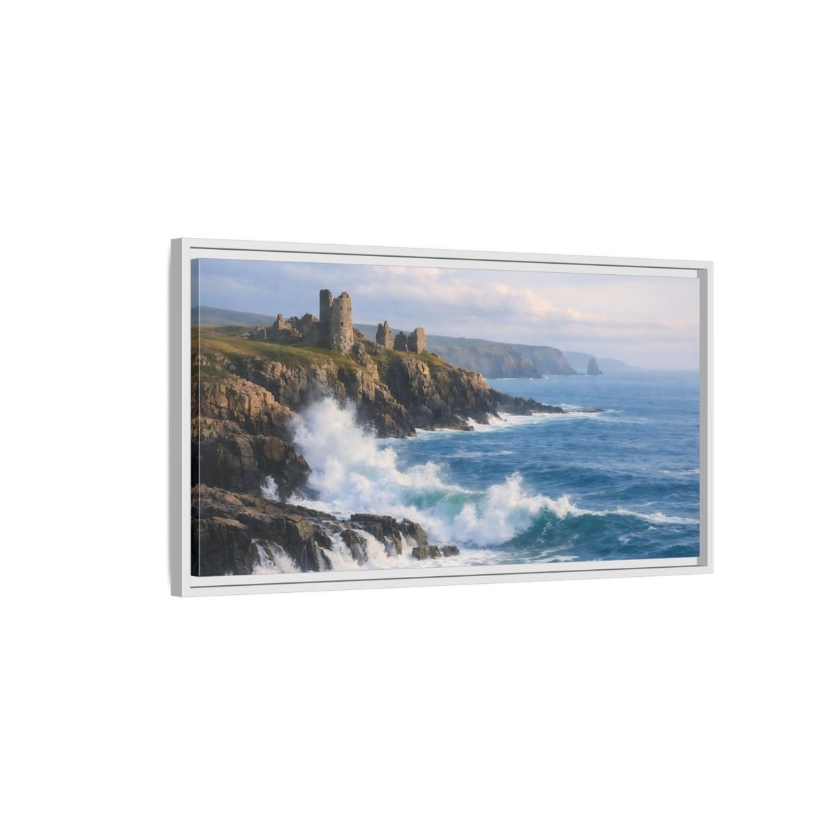 Landscape Nature Coastal Ruins Blue And - Framed Canvas Wall Art Print - YesArtYes