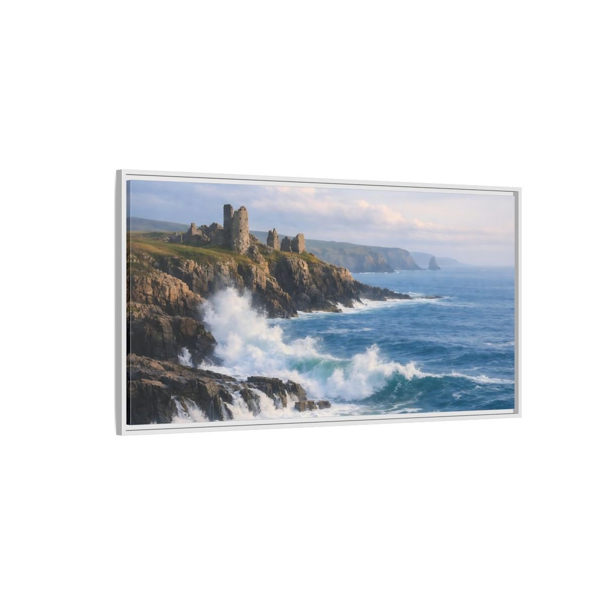 Landscape Nature Coastal Ruins Blue And - Framed Canvas Wall Art Print - YesArtYes