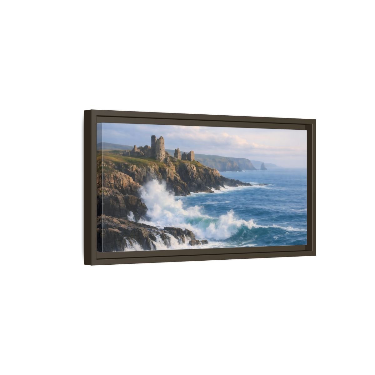 Landscape Nature Coastal Ruins Blue And - Framed Canvas Wall Art Print - YesArtYes
