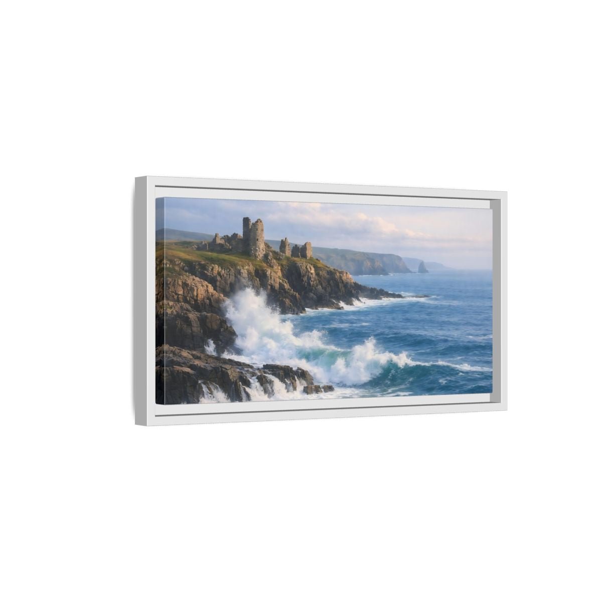 Landscape Nature Coastal Ruins Blue And - Framed Canvas Wall Art Print - YesArtYes