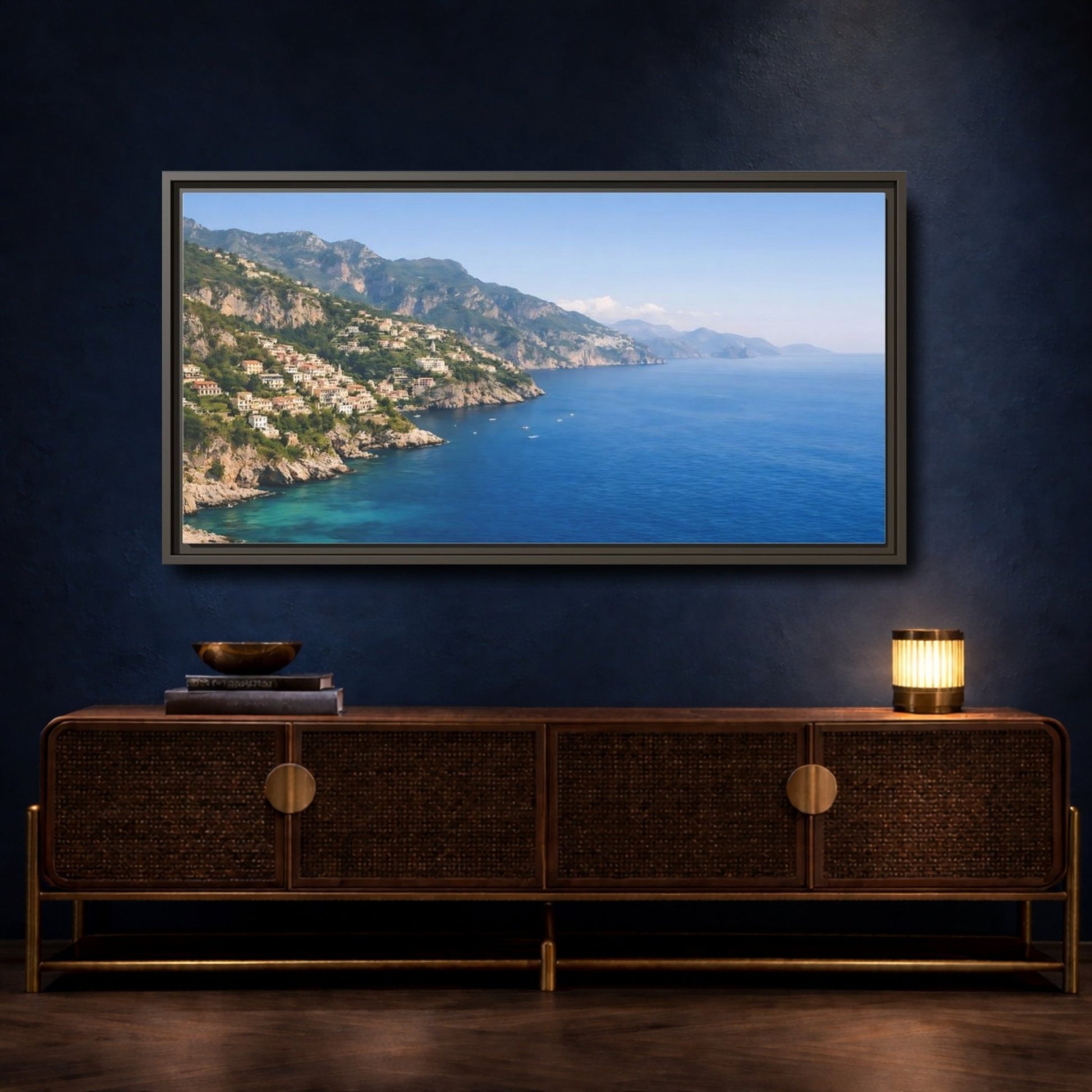 Landscape Nature Coastal Town Blue Coastline - Framed Canvas Wall Art Print - YesArtYes