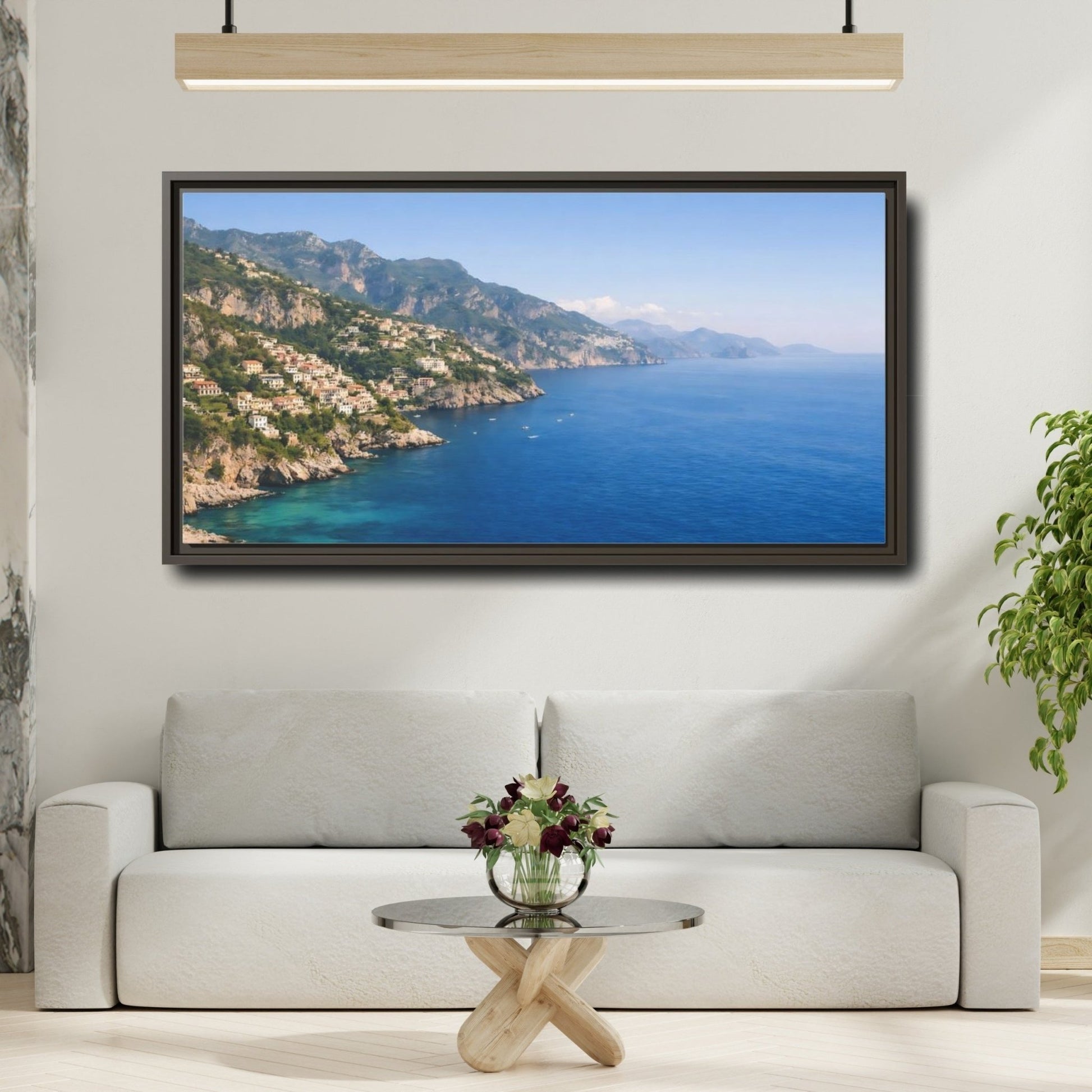 Landscape Nature Coastal Town Blue Coastline - Framed Canvas Wall Art Print - YesArtYes