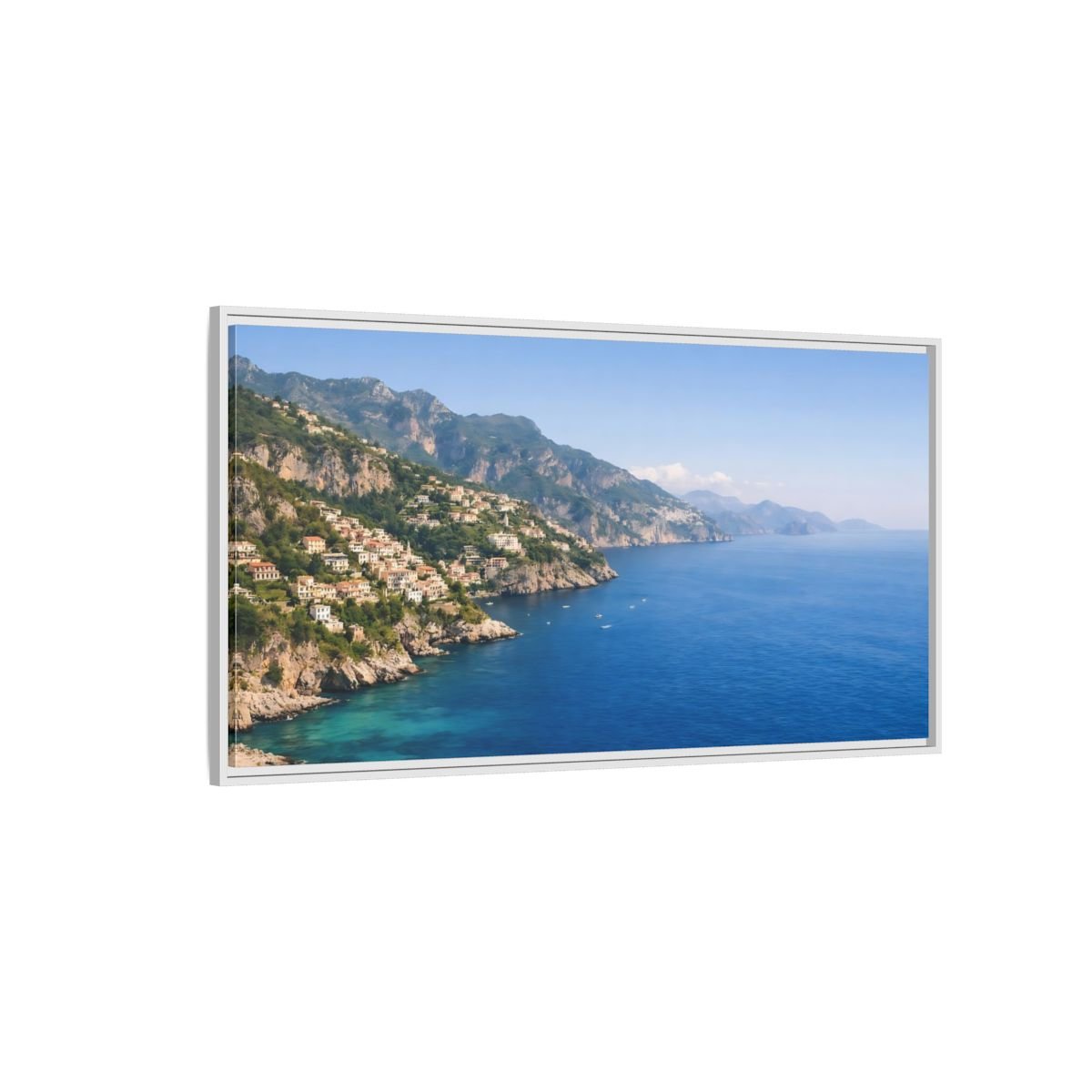 Landscape Nature Coastal Town Blue Coastline - Framed Canvas Wall Art Print - YesArtYes
