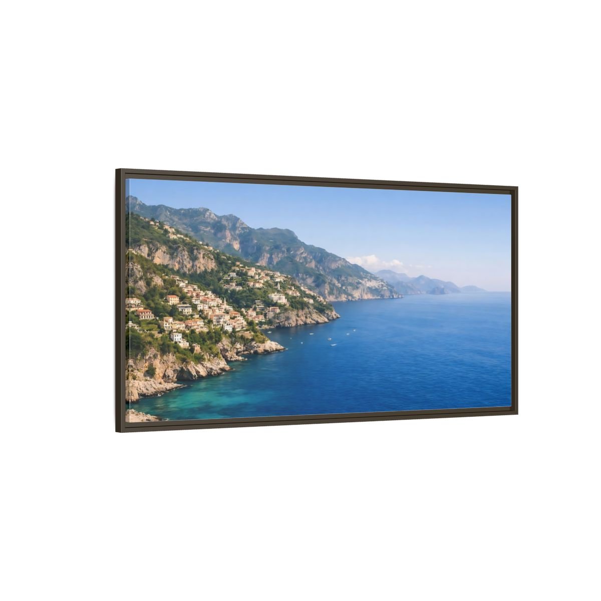 Landscape Nature Coastal Town Blue Coastline - Framed Canvas Wall Art Print - YesArtYes