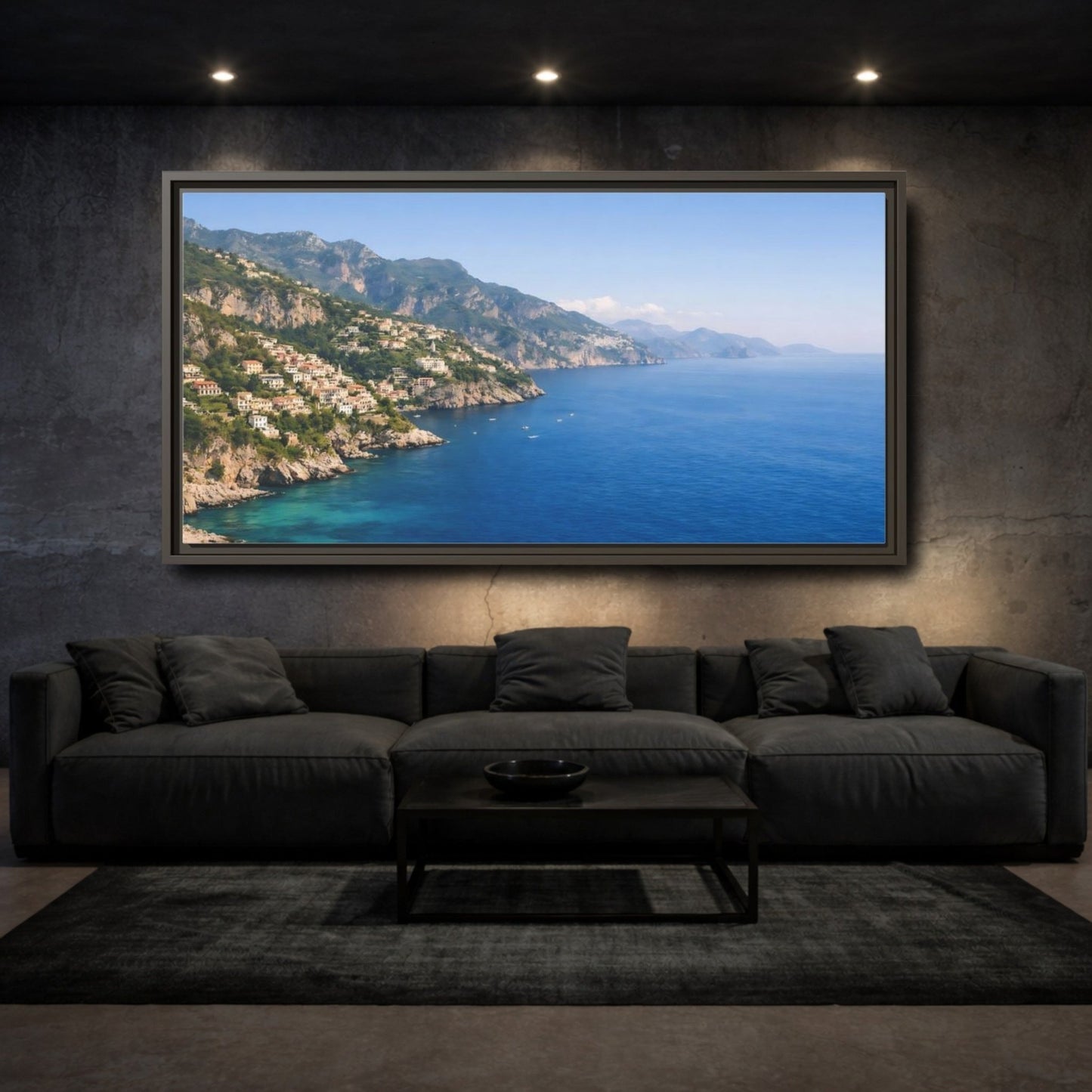 Landscape Nature Coastal Town Blue Coastline - Framed Canvas Wall Art Print - YesArtYes