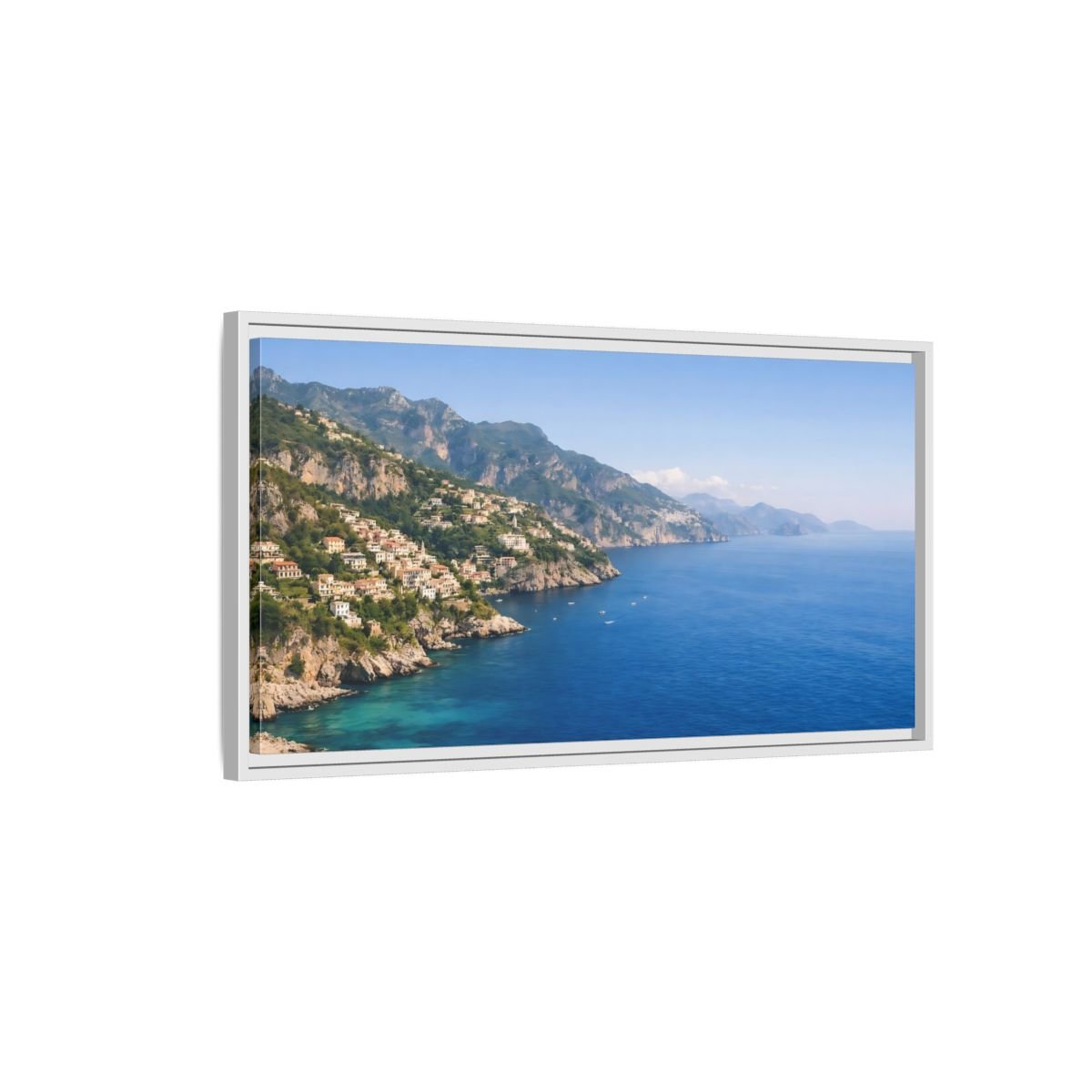 Landscape Nature Coastal Town Blue Coastline - Framed Canvas Wall Art Print - YesArtYes