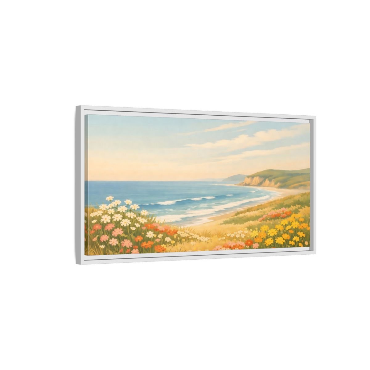 Landscape Nature Coastal Wildflowers - Framed Canvas Wall Art Print - YesArtYes