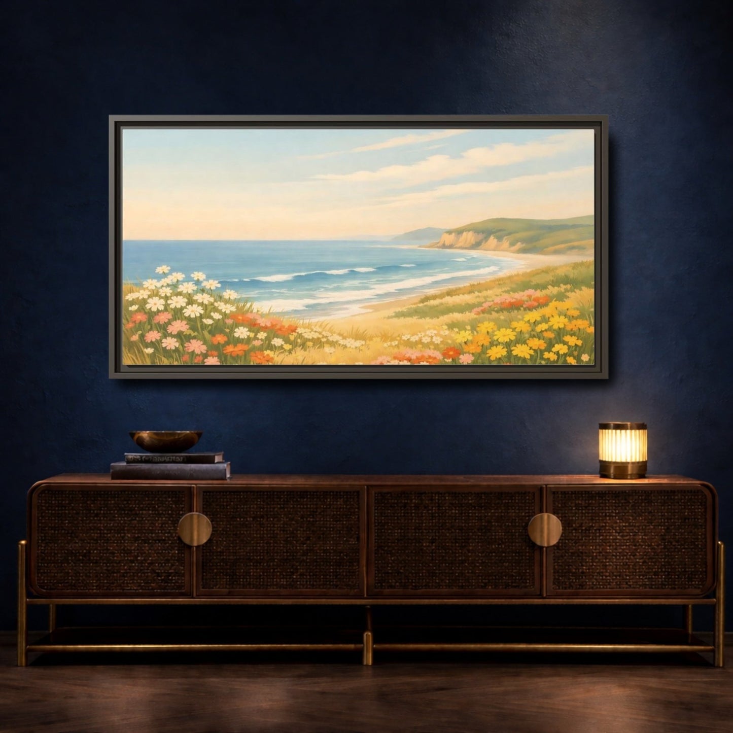 Landscape Nature Coastal Wildflowers - Framed Canvas Wall Art Print - YesArtYes